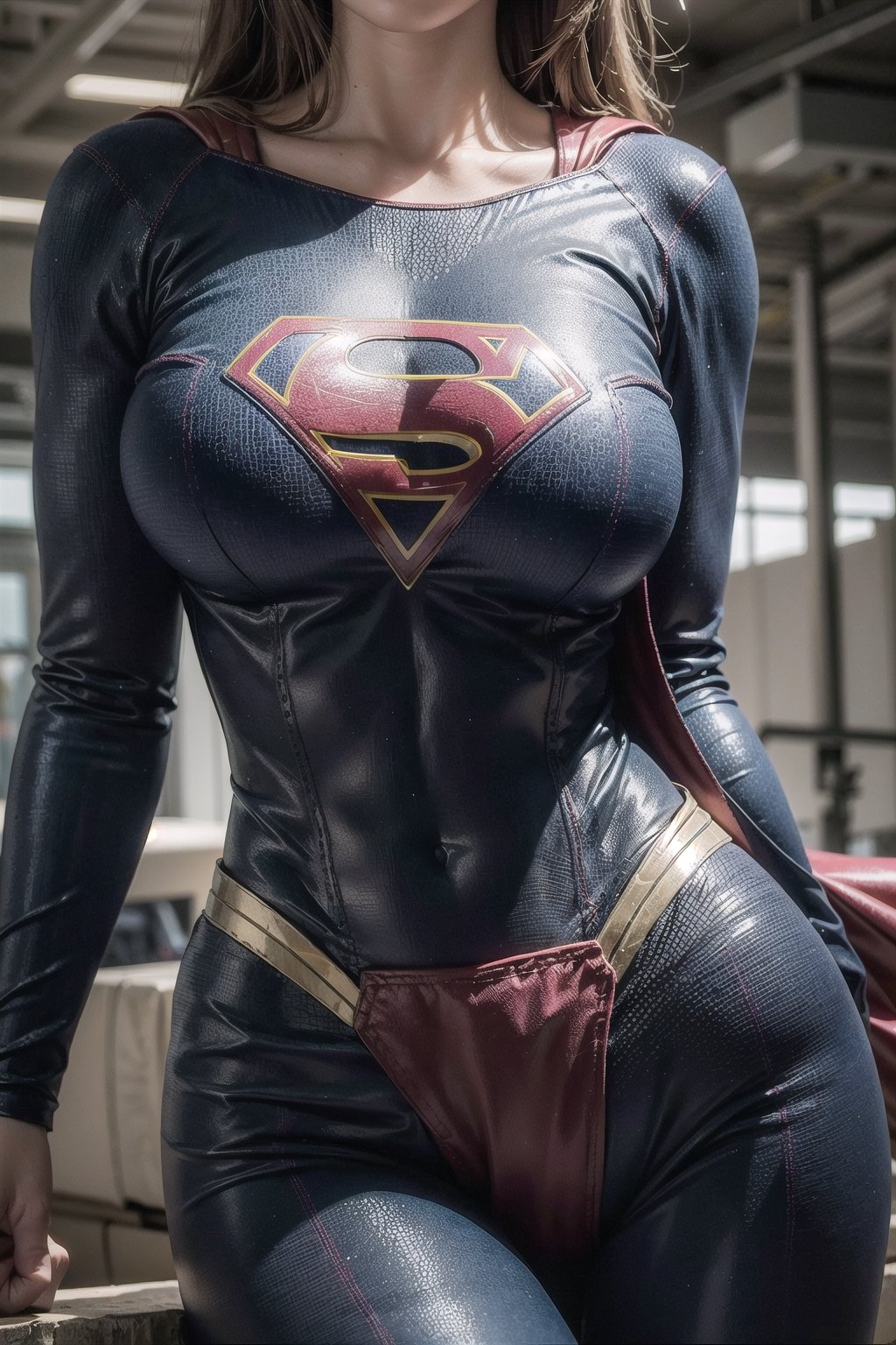 Beautiful woman in tight suit,(( large breast)),perfecteyes, Supergirl, superhero, Supergirl logo closeup, tight suit