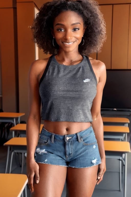 Full body view, 23 year old, Black women, long denim shorts, large butt, dark skin, 24 inch waist, standing in classroom, view from rear, white nike shoes, long black socks,Dina,modelshoot style, dina_eyes