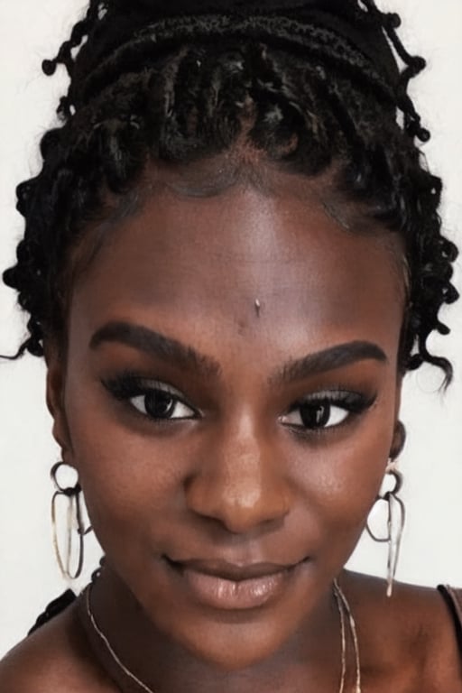 1girl, solo, long hair, looking at viewer, black hair, bare shoulders, brown eyes, jewelry, hairband, earrings, pants, dark skin, necklace, off shoulder, nail polish, sweater, dark-skinned female, lips, fingernails, book, eyelashes, makeup, forehead, ribbed sweater, curly hair, hoop earrings, nose, pen, pencil, big hair, off-shoulder sweater, very dark skin, dreadlocks, full body view, walking

