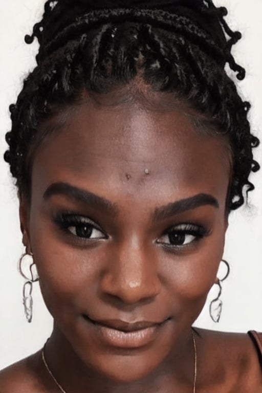 1girl, solo, long hair, looking at viewer, black hair, bare shoulders, brown eyes, jewelry, hairband, earrings, pants, dark skin, necklace, off shoulder, nail polish, sweater, dark-skinned female, lips, fingernails, book, eyelashes, makeup, forehead, ribbed sweater, curly hair, hoop earrings, nose, pen, pencil, big hair, off-shoulder sweater, very dark skin, dreadlocks, full view
