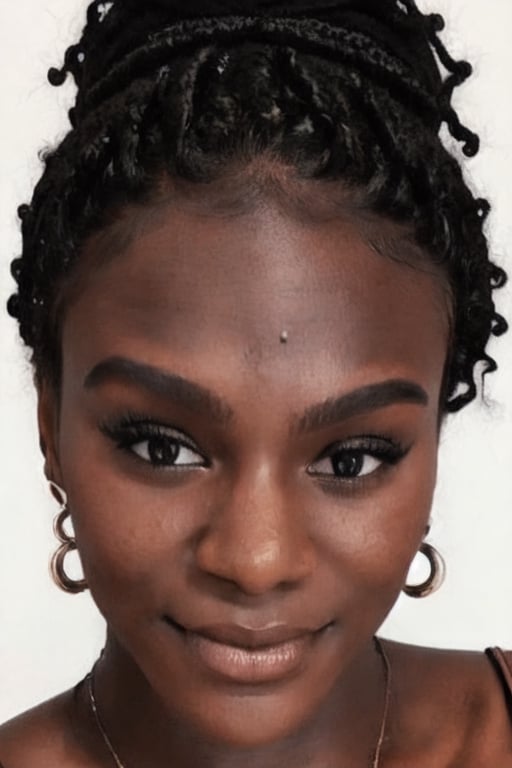 1girl, solo, long hair, looking at viewer, black hair, bare shoulders, brown eyes, jewelry, hairband, earrings, pants, dark skin, necklace, off shoulder, nail polish, sweater, dark-skinned female, lips, fingernails, book, eyelashes, makeup, forehead, ribbed sweater, curly hair, hoop earrings, nose, pen, pencil, big hair, off-shoulder sweater, very dark skin, dreadlocks