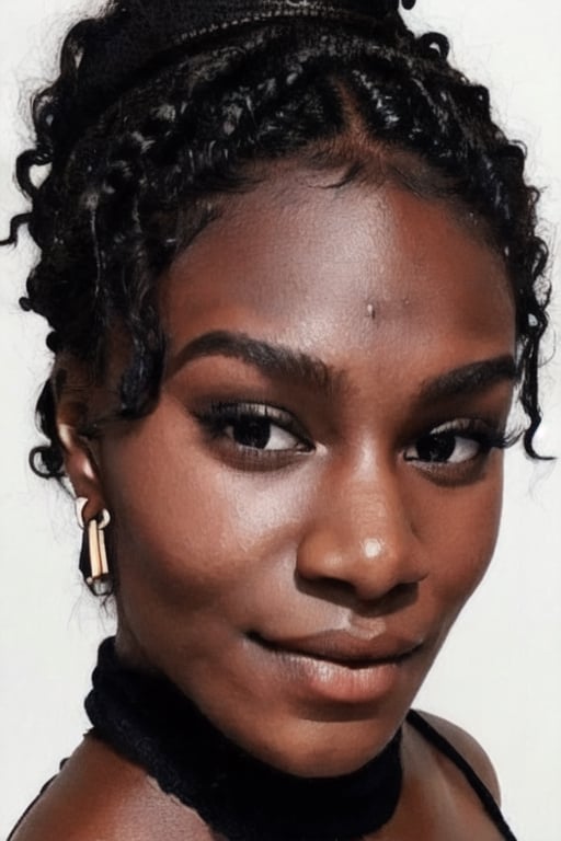 1girl, solo, long hair, looking at viewer, black hair, bare shoulders, brown eyes, jewelry, hairband, earrings, pants, dark skin, necklace, off shoulder, nail polish, sweater, dark-skinned female, lips, fingernails, book, eyelashes, makeup, forehead, ribbed sweater, curly hair, hoop earrings, nose, pen, pencil, big hair, off-shoulder sweater, very dark skin, dreadlocks, full view
