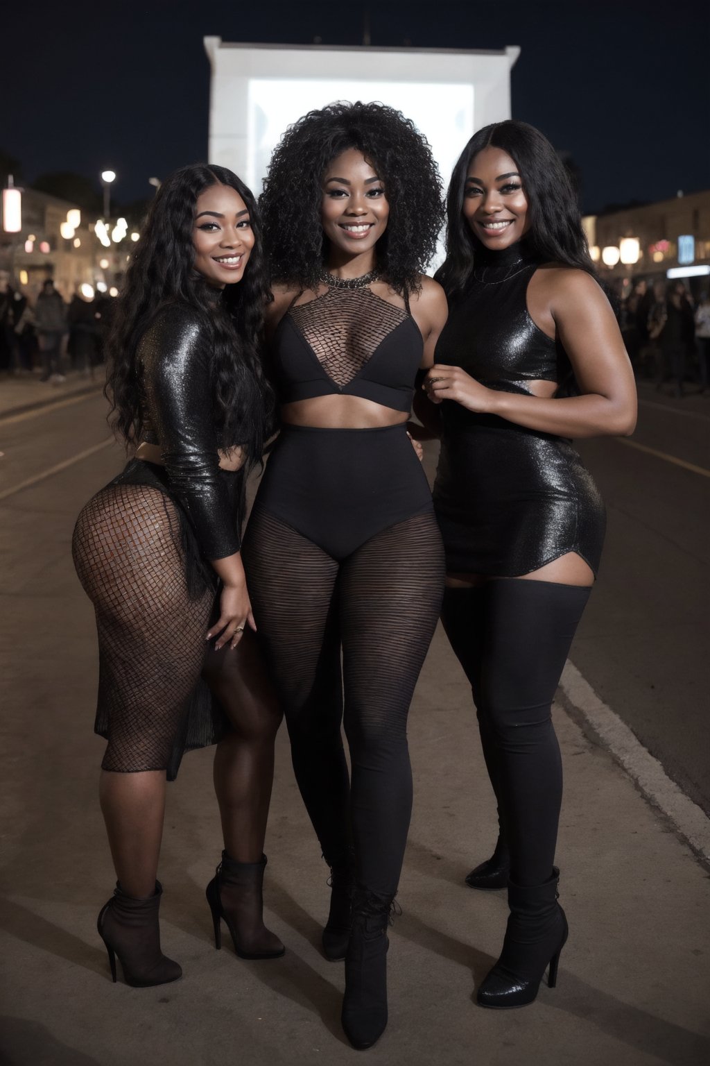 
"A group of five diffrent women standing together on a city street at night, dressed in stylish black outfits. Each woman has a unique style: 

the first woman is a Chinese woman and is on the left is wearing a form-fitting leather outfit with high boots, showing off her confident pose. 

The second woman is a European woman in a sleek black ensemble with her long hair flowing and making a playful gesture. 

The third woman is an African african woman and is in the center wearing a fishnet dress over black leggings, with curly hair and a warm smile. 

The fourth woman is a Latin Woman dressed in a chic black top with a statement necklace, her long wavy hair framing her face. 

The fifth woman on the right is an Native American woman that looks like Pocahontas wearing a sparkly silver headwrap, black outfit, and patterned fishnet stockings, exuding a bold vibe. 

All five women are standing on a sidewalk with a backdrop of a vibrant city nightlife scene, including illuminated storefronts, streetlights, and cars. 

The atmosphere is lively and fun, with a sense of camaraderie and style. 

The image should be rendered in super ultra-high detail, capturing the textures of their outfits, the lighting, the expressions on their faces, and the urban background." 