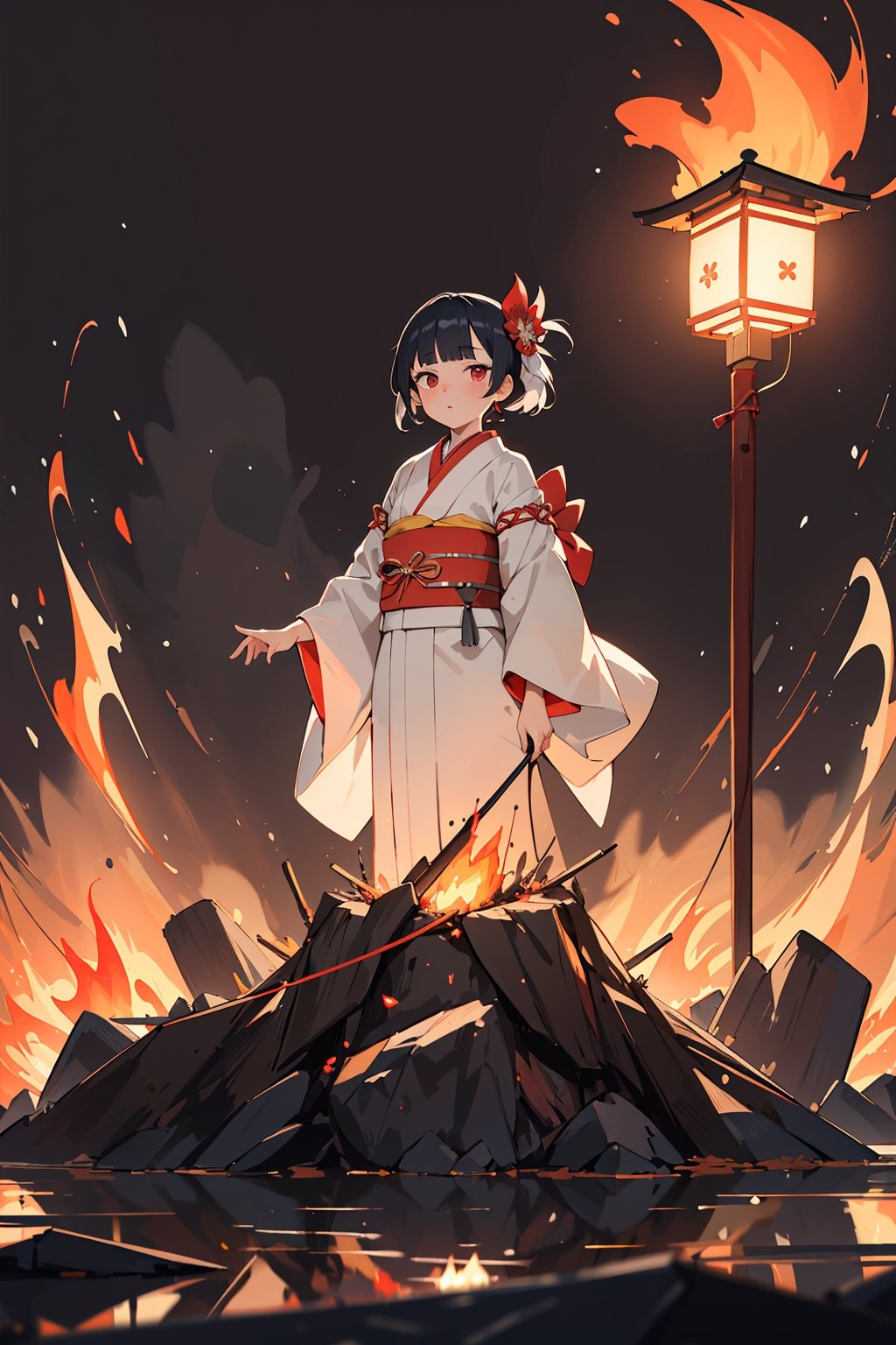 (anime, vivid:1.1), (absurdres, highres, ultra detailed:1.2),
1girl, solo, white medium hair, messy hair, blunt bangs, short thick eyebrows, red eyes, onmyoji, kimono, standing in front of a fire, lantern, building, fire, concept art, official art, ukiyo-e,