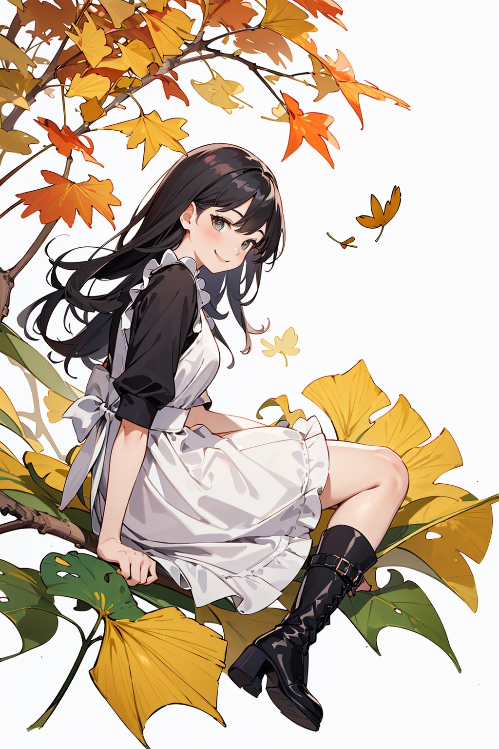 ((Botanical art white background:1.3)),1 girl,from side,dynamic pose, sitting, chubby, long hair, maid dress, boots, smile, autumn, lots of maple leaves and ginkgo trees with red leaves