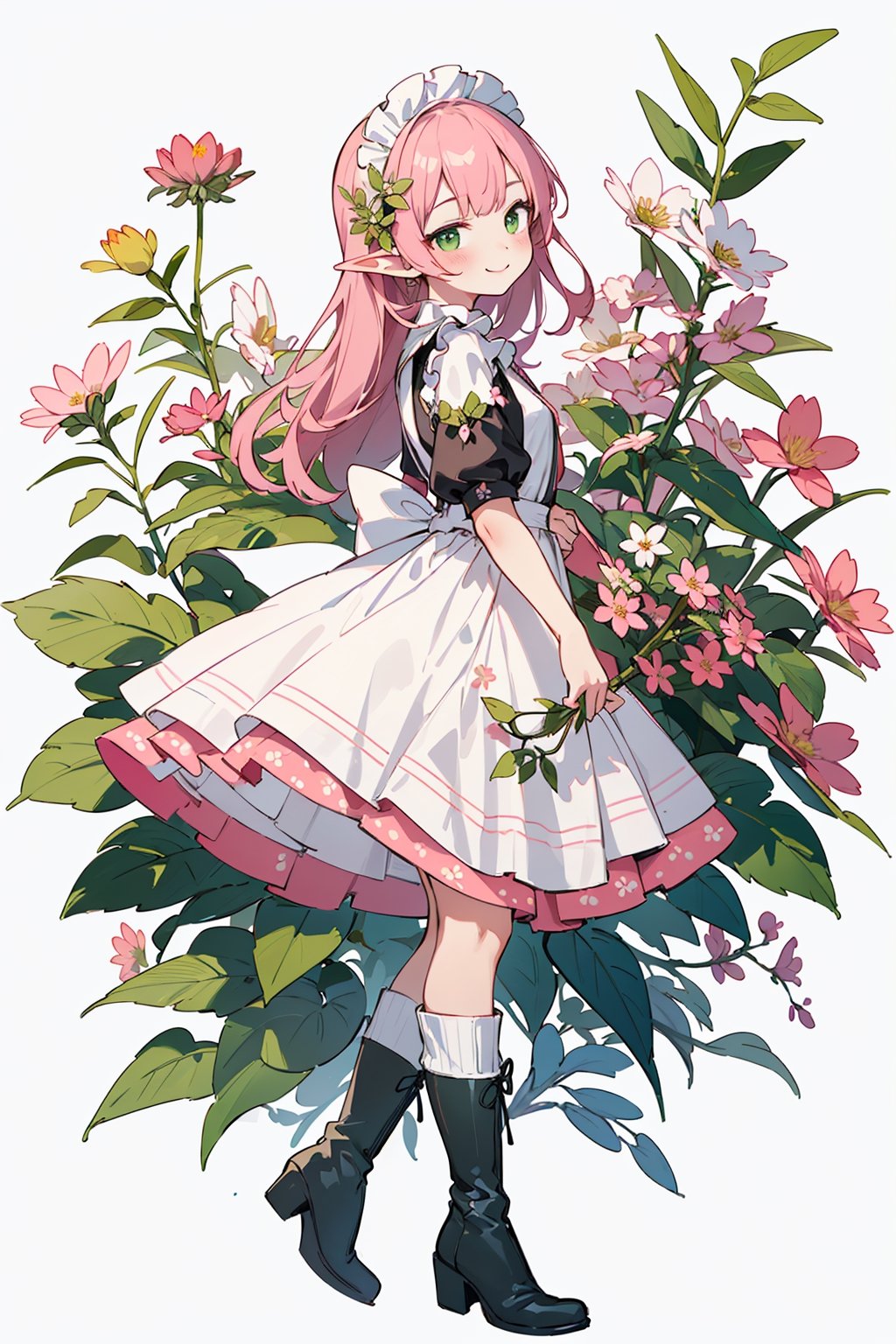 (small Botanical art white background:1.4), 1girl, from side, dynamic pose, cchubby, long hair, maid dress, boots, elf, little smile, autumn, (lots of pink cosmos \(flower\) and green leaves)