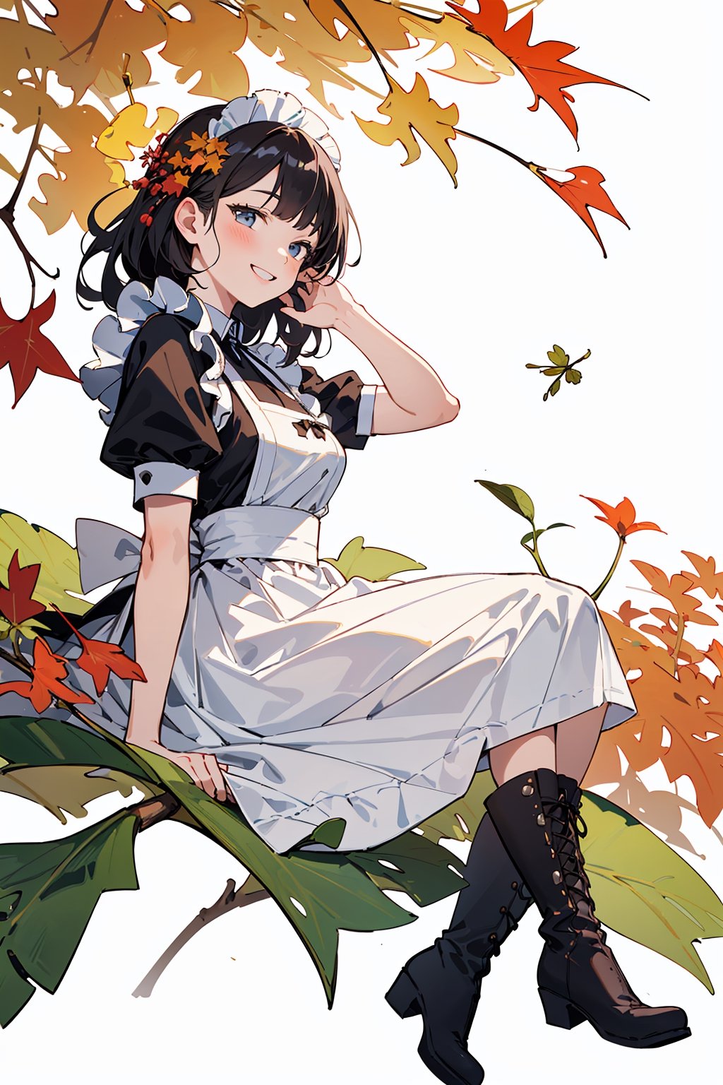 ((Botanical art white background:1.3)),1 girl,from side,dynamic pose, sitting, chubby, long hair, maid dress, boots, smile, autumn, lots of maple leaves and ginkgo trees with red leaves