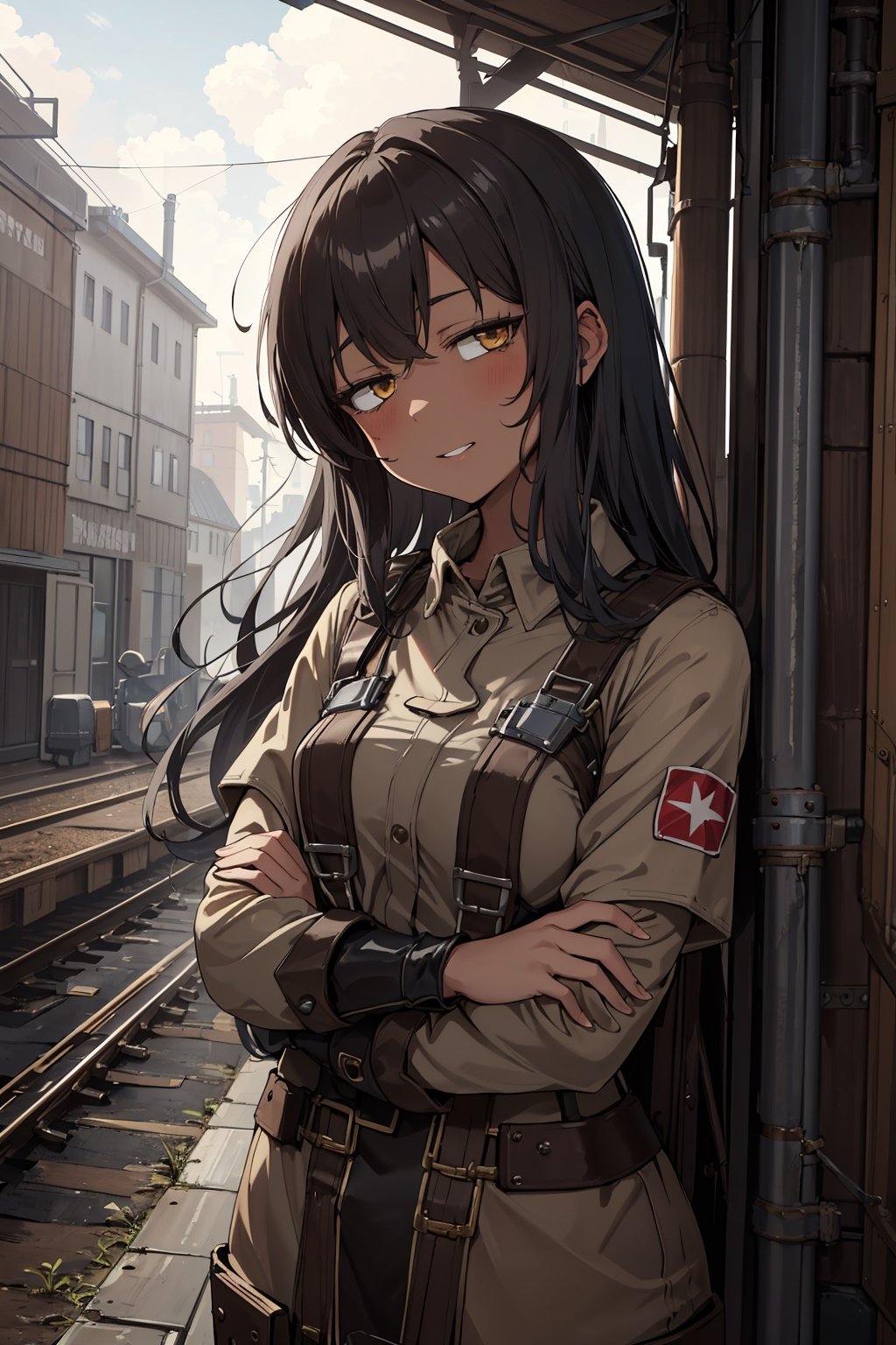 absurdres, highres, ultimate detailed, (emo girl:1.3), long hair, gray hair, (Dieselpunk:1.4), (Brown skin:1.3), head tilt, (grin:0.7), (Depression:1.2), doubt, expression, Looking down, looking at viewer