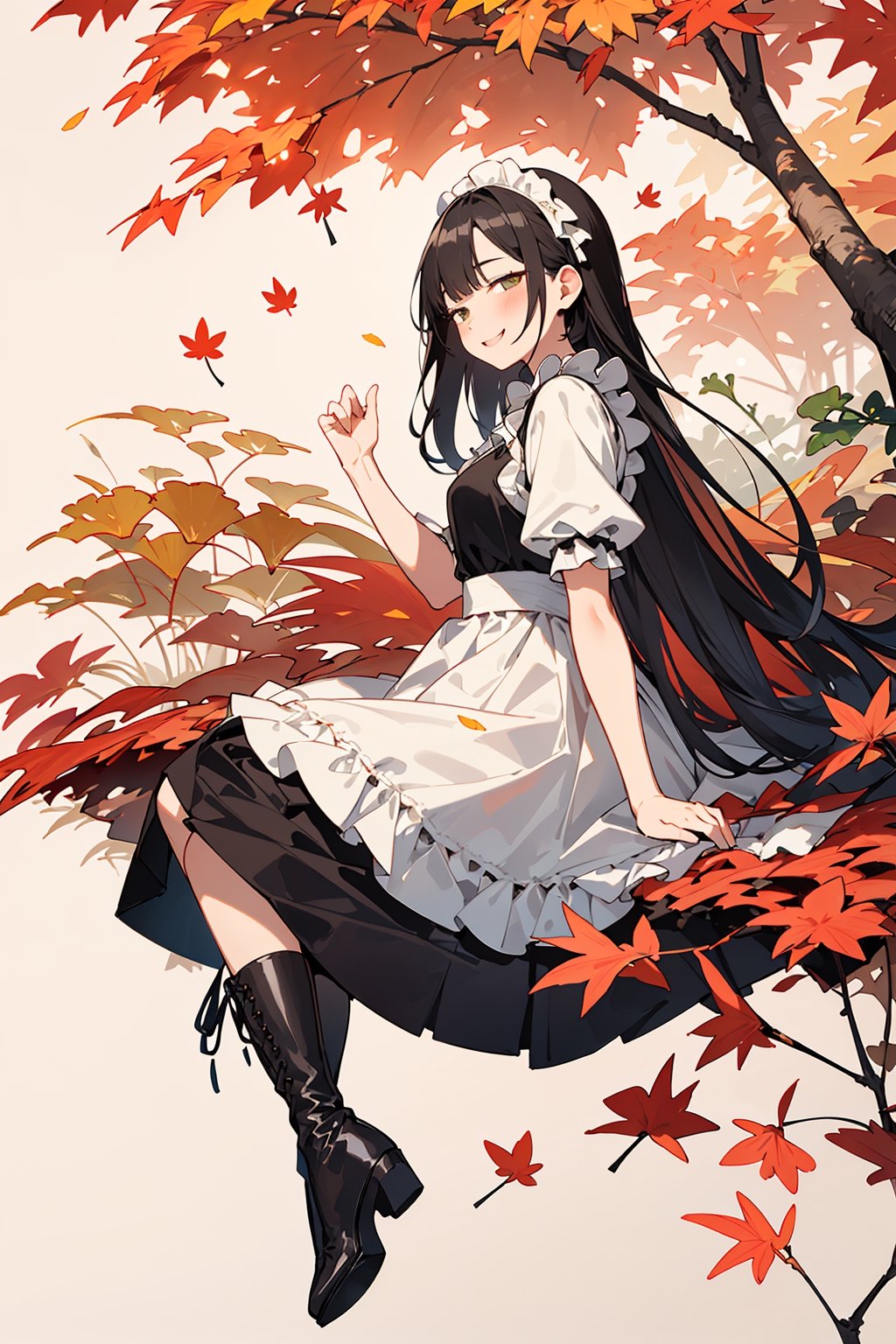 ((Botanical art background:1.3)),1 girl,from side,dynamic pose, sitting, chubby, long hair, maid dress, boots, smile, autumn, lots of maple leaves and ginkgo trees with red leaves