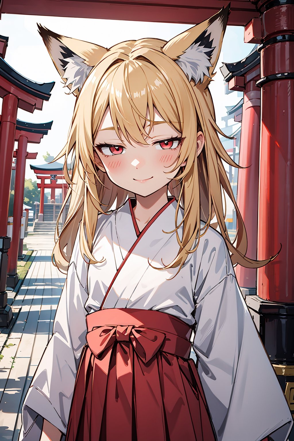 (fushimi inari),torii,very cute loli,8 yo,blond hair,shiny hair,long hair,red eyes,flat chest,white kimono,red hakama,fox ears, fox tail, light smile,solo, 1girl,BREAK(masterpiece, best quality,ultra-detailed)