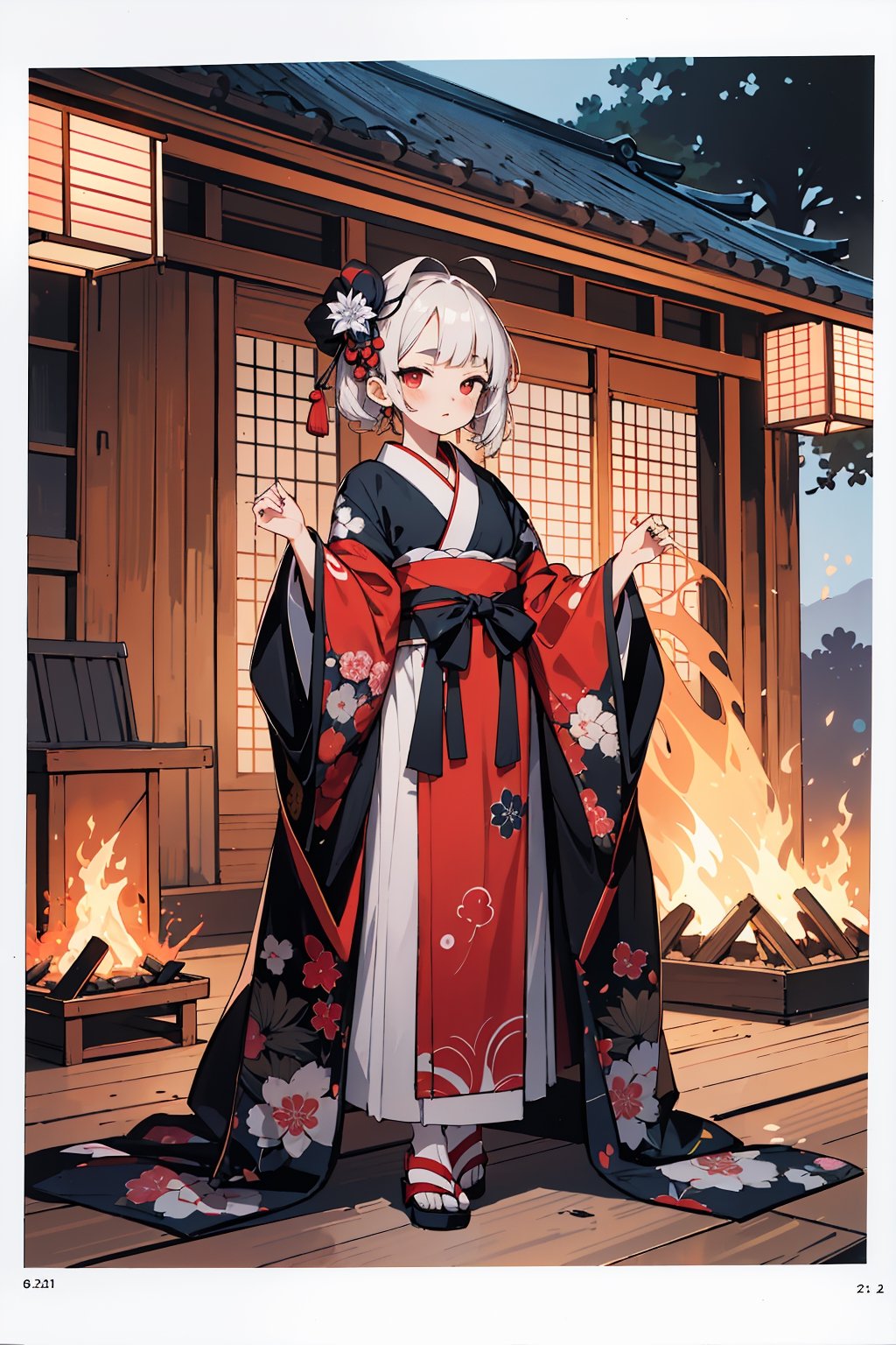 (anime, vivid:1.1), (absurdres, highres, ultra detailed:1.2),
1girl, solo, white medium hair, messy hair, blunt bangs, short thick eyebrows, red eyes, onmyoji, kimono, standing in front of a fire, lantern, building, fire, concept art, official art, ukiyo-e,