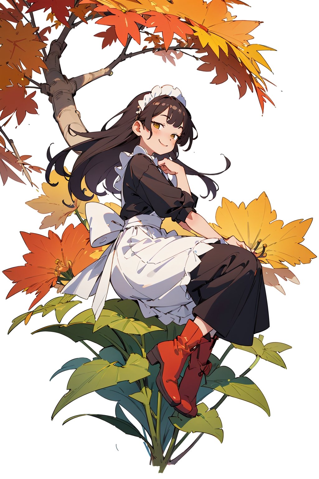 ((Botanical art white background:1.3)),1 girl,from side,dynamic pose, sitting, chubby, long hair, maid dress, boots, smile, autumn, lots of maple leaves and ginkgo trees with red leaves