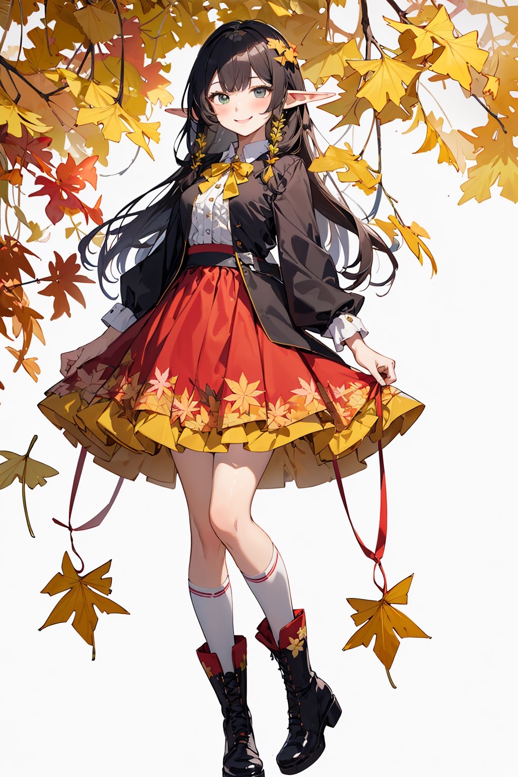 ((Botanical art white background)), 1 girl, cchubby, super long hair, blouse, skirt, frilly socks, ribbon, boots, elf, smile, autumn, lots of maple leaves and ginkgo trees with red leaves,