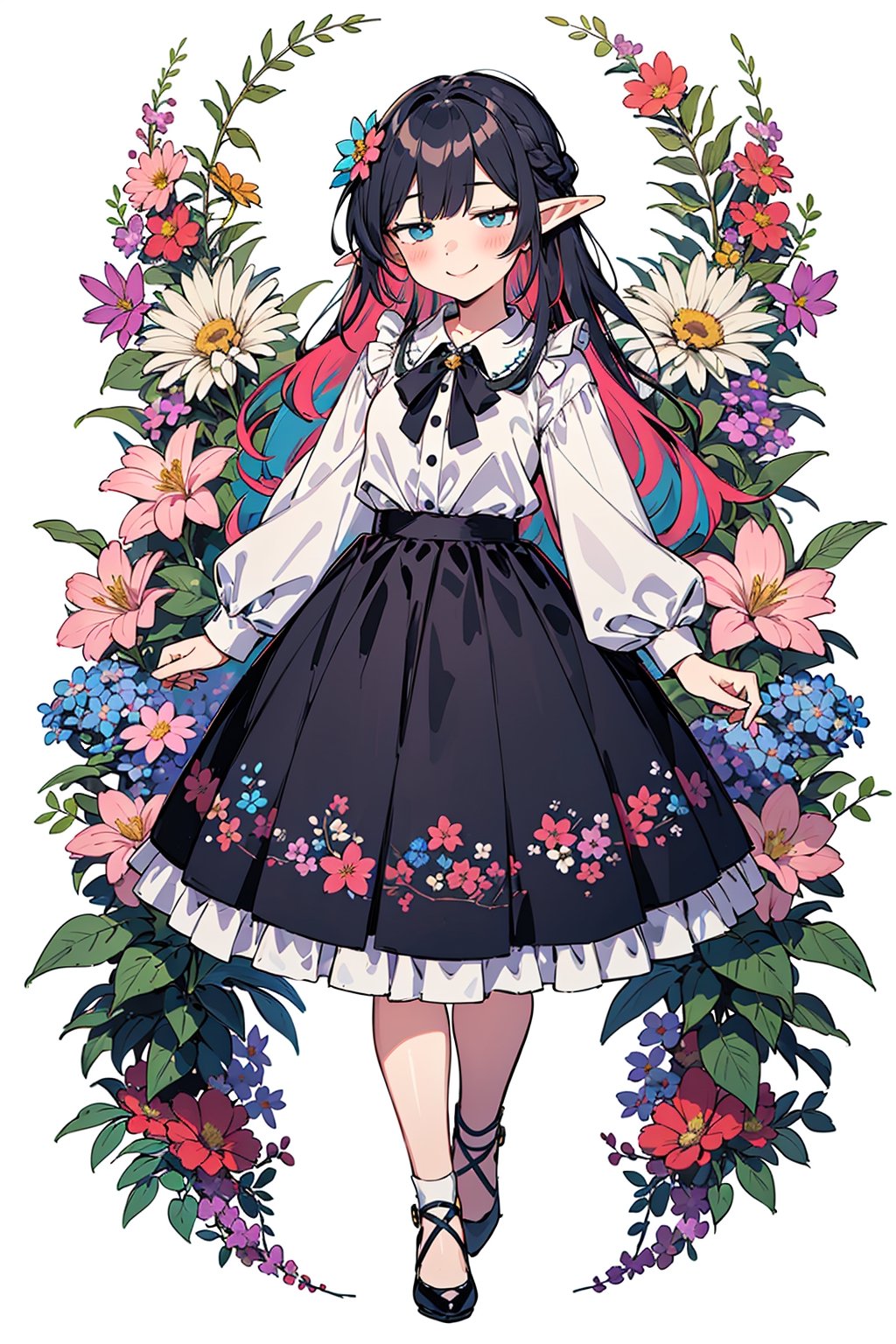 (Botanical art background:1.3), colorful, (multicolored lots of flowers:1.3), (flower background:1.2), white background, (anime:1.1), BREAK
(1girl:1.2), elf, smile, (looking away), chubby, long hair with one french braid, gorgeous, (blouse, with ruffled collar, ruffled lace), (skirt:1.3), pumps