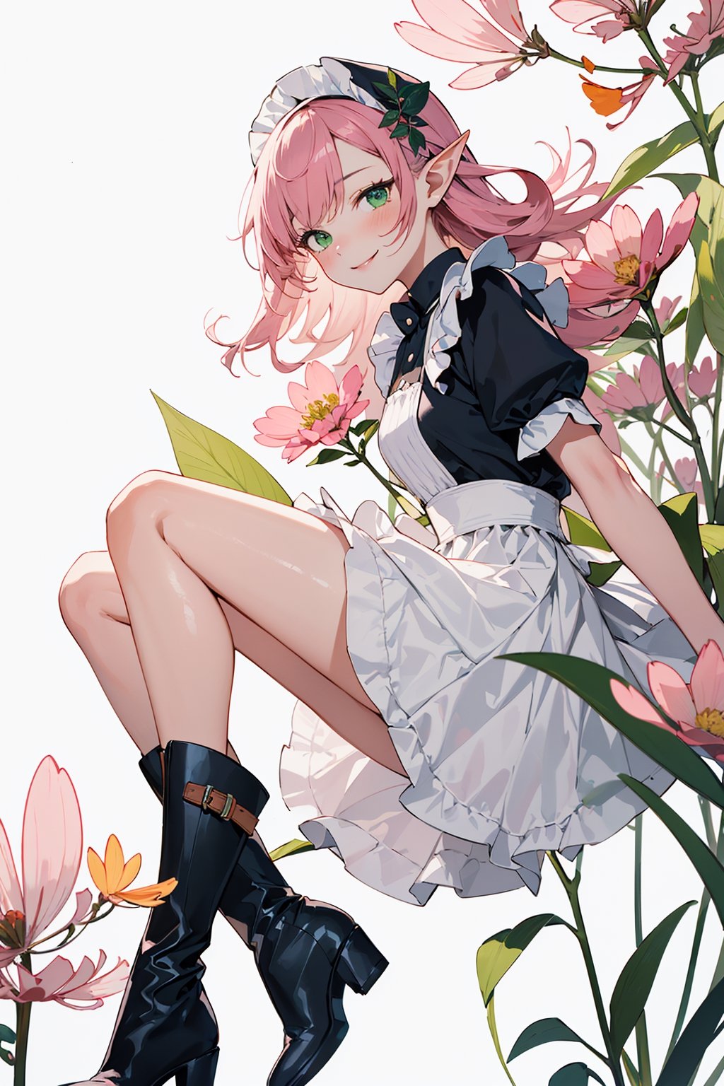 (small Botanical art white background:1.4), 1girl, from side, dynamic pose, cchubby, long hair, maid dress, boots, elf, little smile, autumn, (lots of pink cosmos \(flower\) and green leaves)