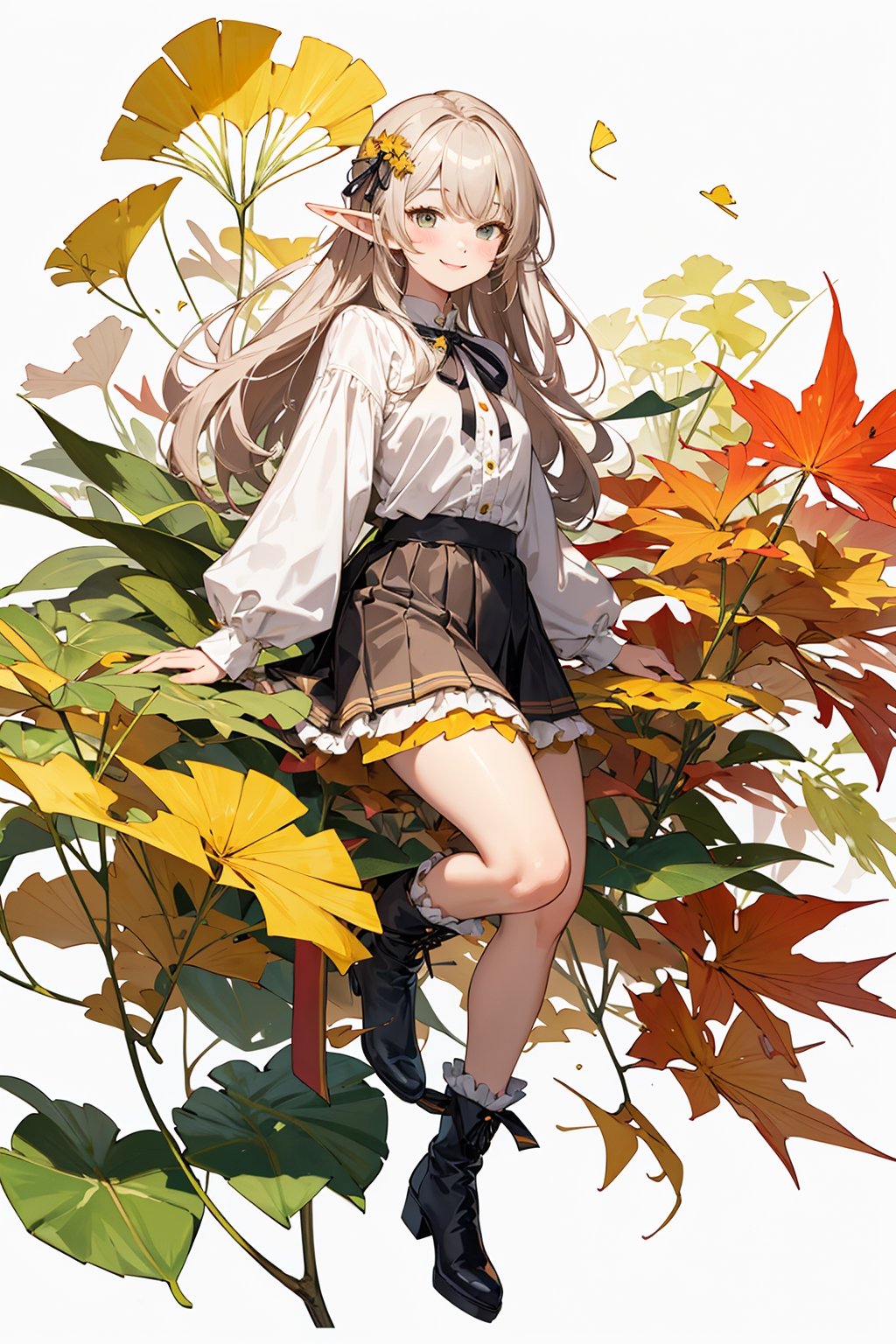 ((Botanical art white background)), 1 girl, chubby, very long hair, blouse, skirt, frilled socks, ribbon, boots, elf, smile, Autumn, lots of maple and ginkgo trees,