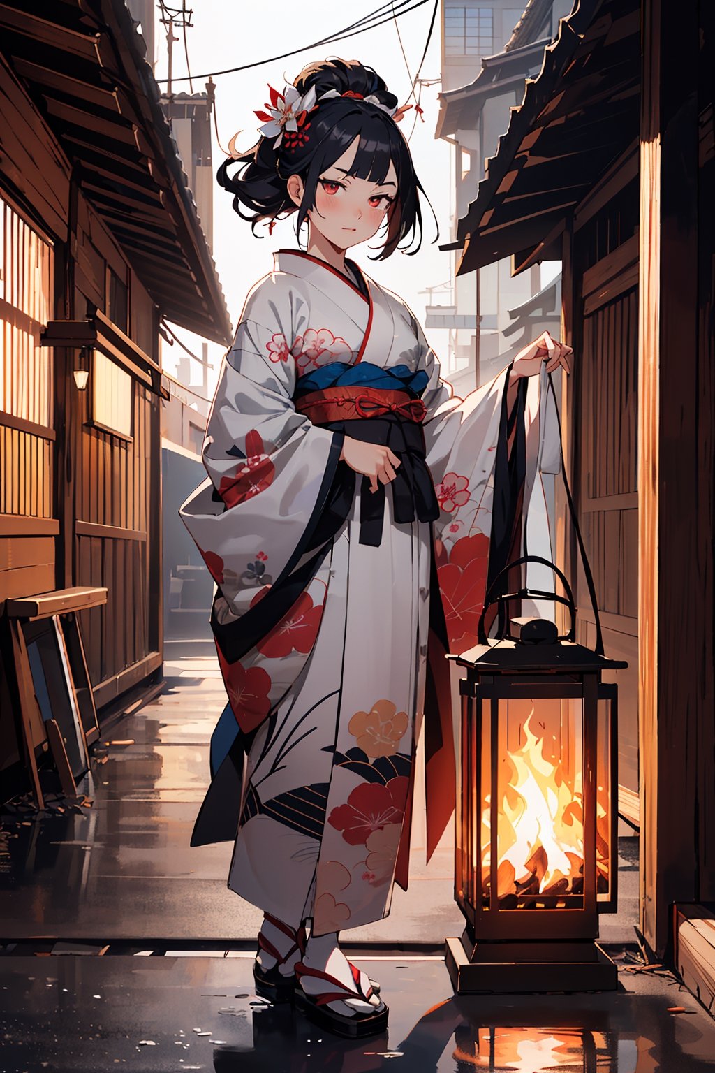 (anime, vivid:1.1), (absurdres, highres, ultra detailed:1.2),
1girl, solo, white medium hair, messy hair, blunt bangs, short thick eyebrows, red eyes, onmyoji, kimono, standing in front of a fire, lantern, building, fire, concept art, official art, ukiyo-e,