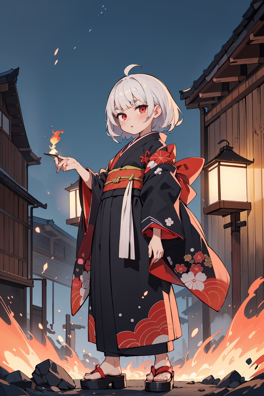 (anime, vivid:1.1), (absurdres, highres, ultra detailed:1.2),
1girl, solo, white medium hair, messy hair, blunt bangs, short thick eyebrows, red eyes, onmyoji, kimono, standing in front of a fire, lantern, building, fire, concept art, official art, ukiyo-e,