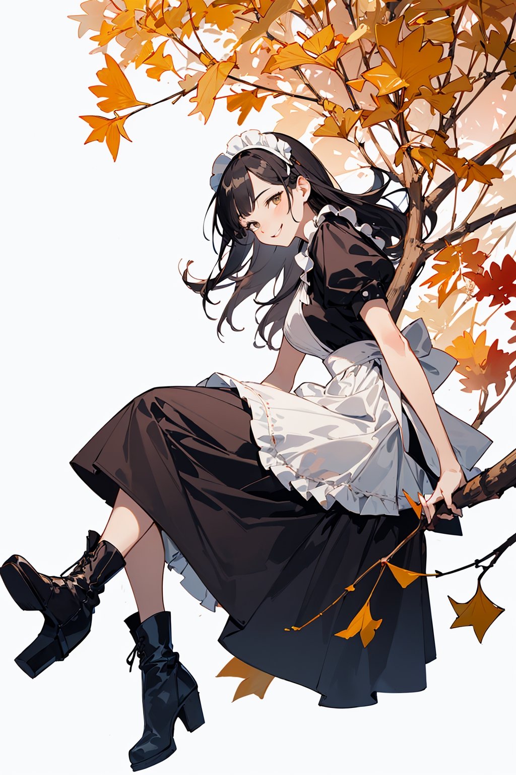 ((Botanical art white background:1.3)),1 girl,from side,dynamic pose, sitting, chubby, long hair, maid dress, boots, smile, autumn, lots of maple leaves and ginkgo trees with red leaves