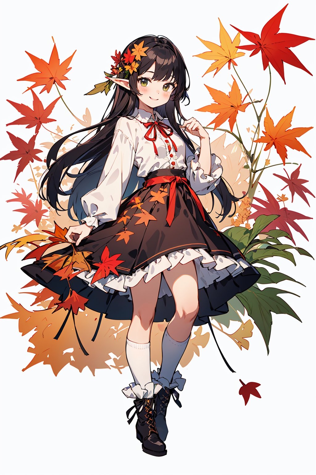 ((Botanical art white background)), 1 girl, cchubby, super long hair, blouse, skirt, frilly socks, ribbon, boots, elf, smile, autumn, lots of maple leaves and ginkgo trees with red leaves,