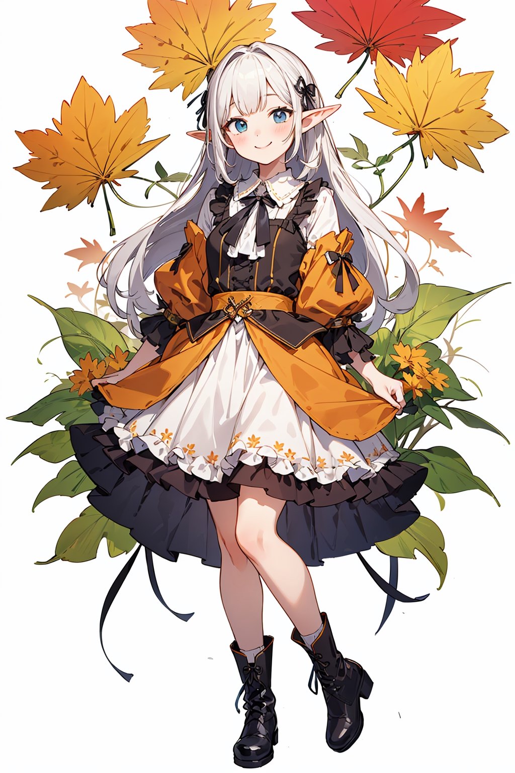 ((Botanical art white background)), 1 girl, chubby, very long hair, blouse, skirt, frilled socks, ribbon, boots, elf, smile, Autumn, lots of maple and ginkgo trees,