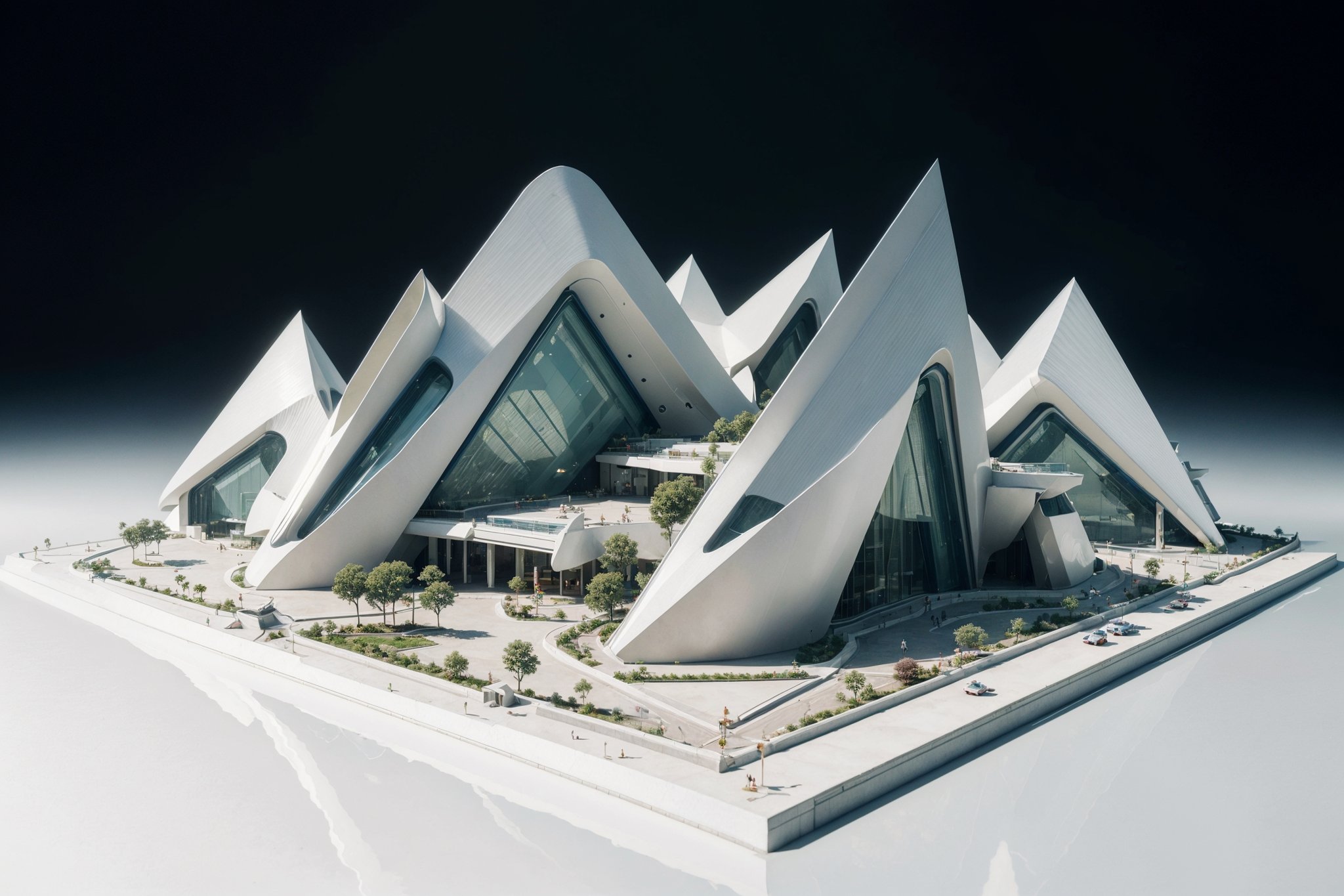 ((masterpiece:1.5)), ((high Quality:1.5)), hyper-realistic, photo realistic, realistic, (stunning futuristic architectural mockup/maquete), ((masterplan view)), maquette rendering achitecture, mockup, sharp shape building, by zaha hadid composition, curvilinear shape, trees, soft light, cinematic light, dramatical lighting, HDR, detailed model, scifi style, clear background, depth of field, bokeh, windows reflection, (8K), unreal engine, archiviz, white gloss, clear sky, water in foreground,foreground