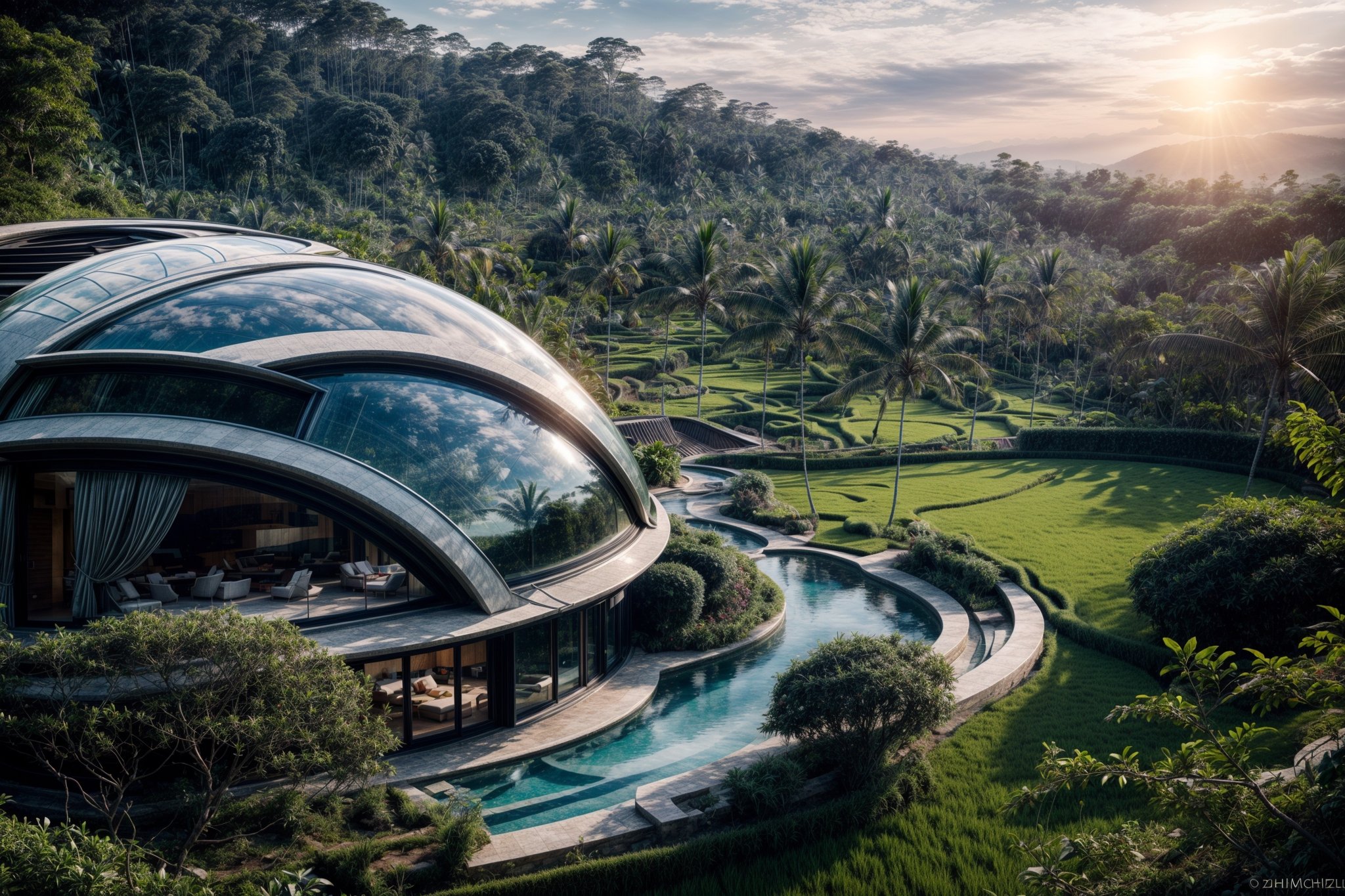 ((masterpiece)), ((highly detailed)), Hyper-realistic, realistic, photo-realistic, a stunning modern futuristic architecture building, in the middle of paddy rice in bali indonesia, bubble/dome inspired shape, villa, house, mansion, by zaha hadid composition, organic, swimming_pool, car, trees, natural space, smooth ceramic porcelain, fully furnished, futuristic furniture, biomorphic style, luxury, scifi, futuristic, soft lighting, natural light, cinematic light, fine lighting, dramatical light, vibrant, (full detailed), (detailed interior), 4K, HDR, massive opening windows, windows reflection, archiviz, granite, marble gloss, wood panel, sunset, clear sky