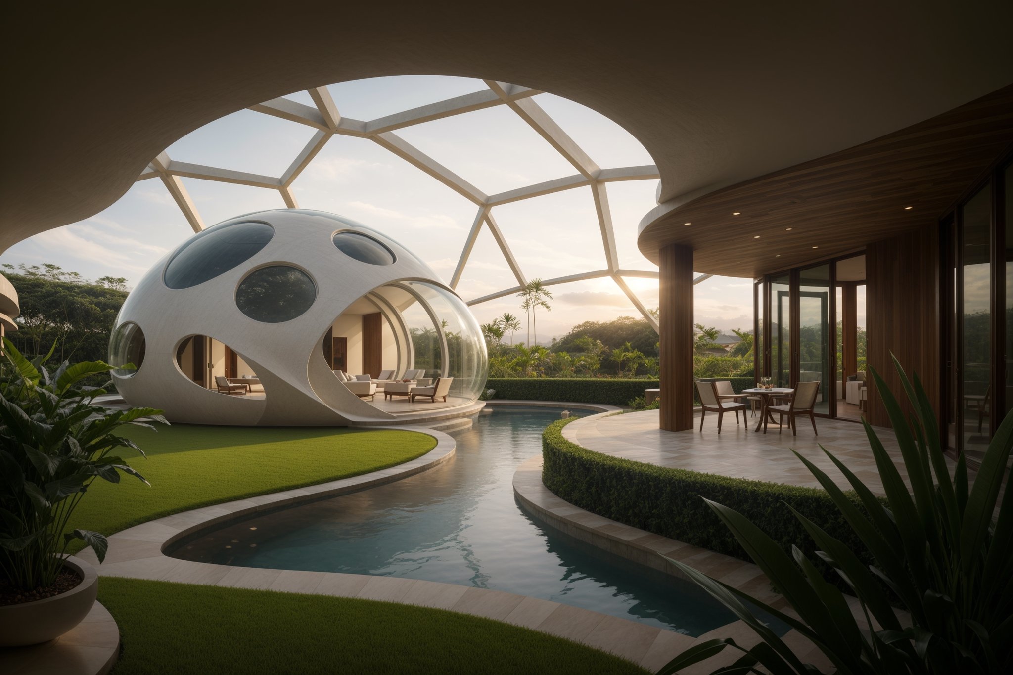 ((masterpiece)), ((highly detailed)), Hyper-realistic, realistic, photo-realistic, a stunning modern futuristic architecture building, in the middle of paddy rice in bali indonesia, bubble/dome inspired shape, villa, house, mansion, by zaha hadid composition, organic, curvilinear, swimming_pool, car, trees, natural space, smooth ceramic porcelain, fully furnished, futuristic furniture, biomorphic style, luxury, scifi, futuristic, soft lighting, natural light, cinematic light, fine lighting, dramatical light, vibrant, (full detailed), (detailed interior), 4K, HDR, massive opening windows, windows reflection, archiviz, granite, marble gloss, wood panel, sunset, clear sky