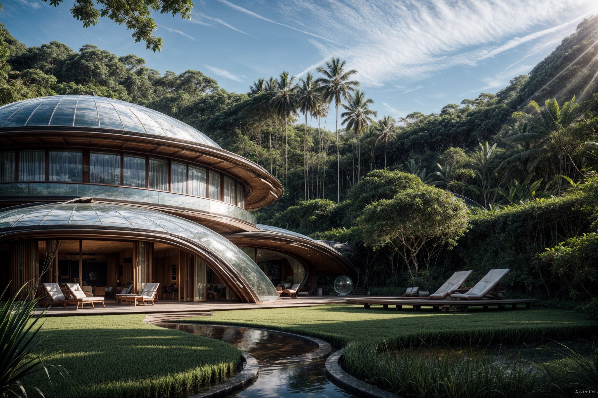 ((masterpiece)), ((highly detailed)), Hyper-realistic, realistic, photo-realistic, a stunning modern futuristic architecture building, in the middle of paddy rice in bali indonesia, bubble/dome inspired shape, villa, house, mansion, by zaha hadid composition, organic, swimming_pool, car, trees, natural space, smooth ceramic porcelain, fully furnished, futuristic furniture, biomorphic style, luxury, scifi, futuristic, soft lighting, natural light, cinematic light, fine lighting, dramatical light, vibrant, (full detailed), (detailed interior), 4K, HDR, massive opening windows, windows reflection, archiviz, granite, marble gloss, wood panel, sunset, clear sky