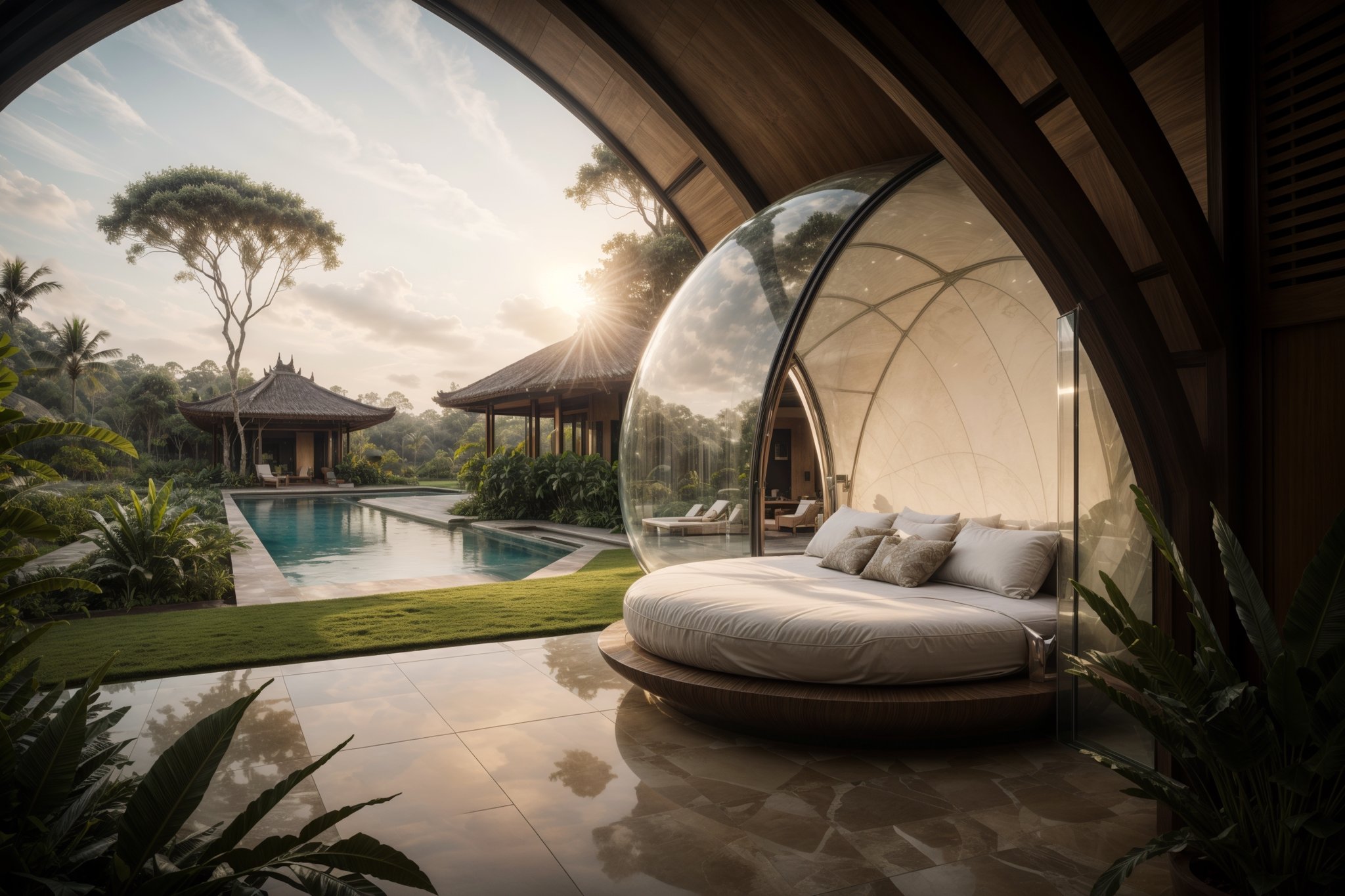 ((masterpiece)), ((highly detailed)), Hyper-realistic, realistic, photo-realistic, a stunning modern futuristic architecture building, in the middle of paddy rice in bali indonesia, bubble/dome inspired shape, villa, house, mansion, by zaha hadid composition, organic, swimming_pool, car, trees, natural space, smooth ceramic porcelain, fully furnished, futuristic furniture, biomorphic style, luxury, scifi, futuristic, soft lighting, natural light, cinematic light, fine lighting, dramatical light, vibrant, (full detailed), (detailed interior), 4K, HDR, massive opening windows, windows reflection, archiviz, granite, marble gloss, wood panel, sunset, clear sky