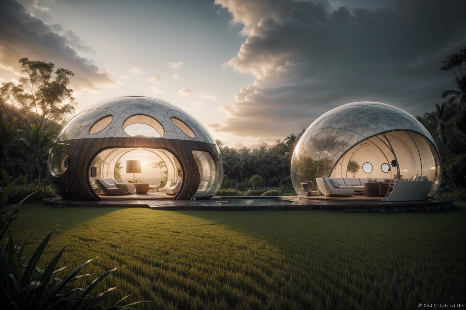 ((masterpiece)), ((highly detailed)), Hyper-realistic, realistic, photo-realistic, a stunning modern futuristic architecture building, in the middle of paddy rice in bali indonesia, bubble/dome inspired shape, villa, house, mansion, by zaha hadid composition, organic, swimming_pool, car, trees, natural space, smooth ceramic porcelain, fully furnished, futuristic furniture, biomorphic style, luxury, scifi, futuristic, soft lighting, natural light, cinematic light, fine lighting, dramatical light, vibrant, (full detailed), (detailed interior), 4K, HDR, massive opening windows, windows reflection, archiviz, granite, marble gloss, wood panel, sunset, clear sky