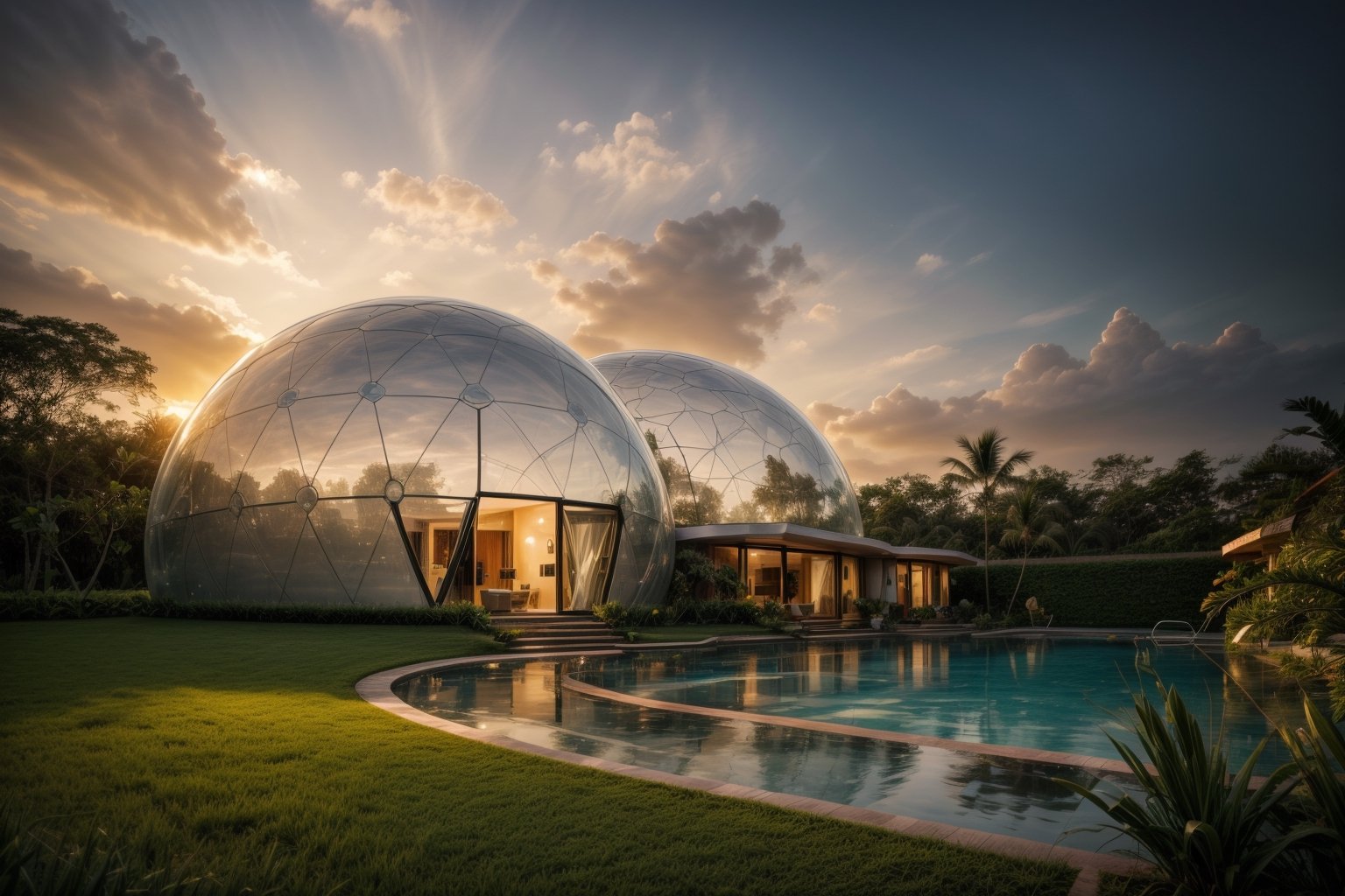 ((masterpiece)), ((highly detailed)), Hyper-realistic, realistic, photo-realistic, a stunning modern futuristic architecture building, in the middle of paddy rice in bali indonesia, bubble/dome inspired shape, villa, house, mansion, by zaha hadid composition, organic, curvilinear, swimming_pool, car, trees, natural space, smooth ceramic porcelain, fully furnished, futuristic furniture, biomorphic style, luxury, scifi, futuristic, soft lighting, natural light, cinematic light, fine lighting, dramatical light, vibrant, (full detailed), (detailed interior), 4K, HDR, massive opening windows, windows reflection, archiviz, granite, marble gloss, wood panel, sunset, clear sky