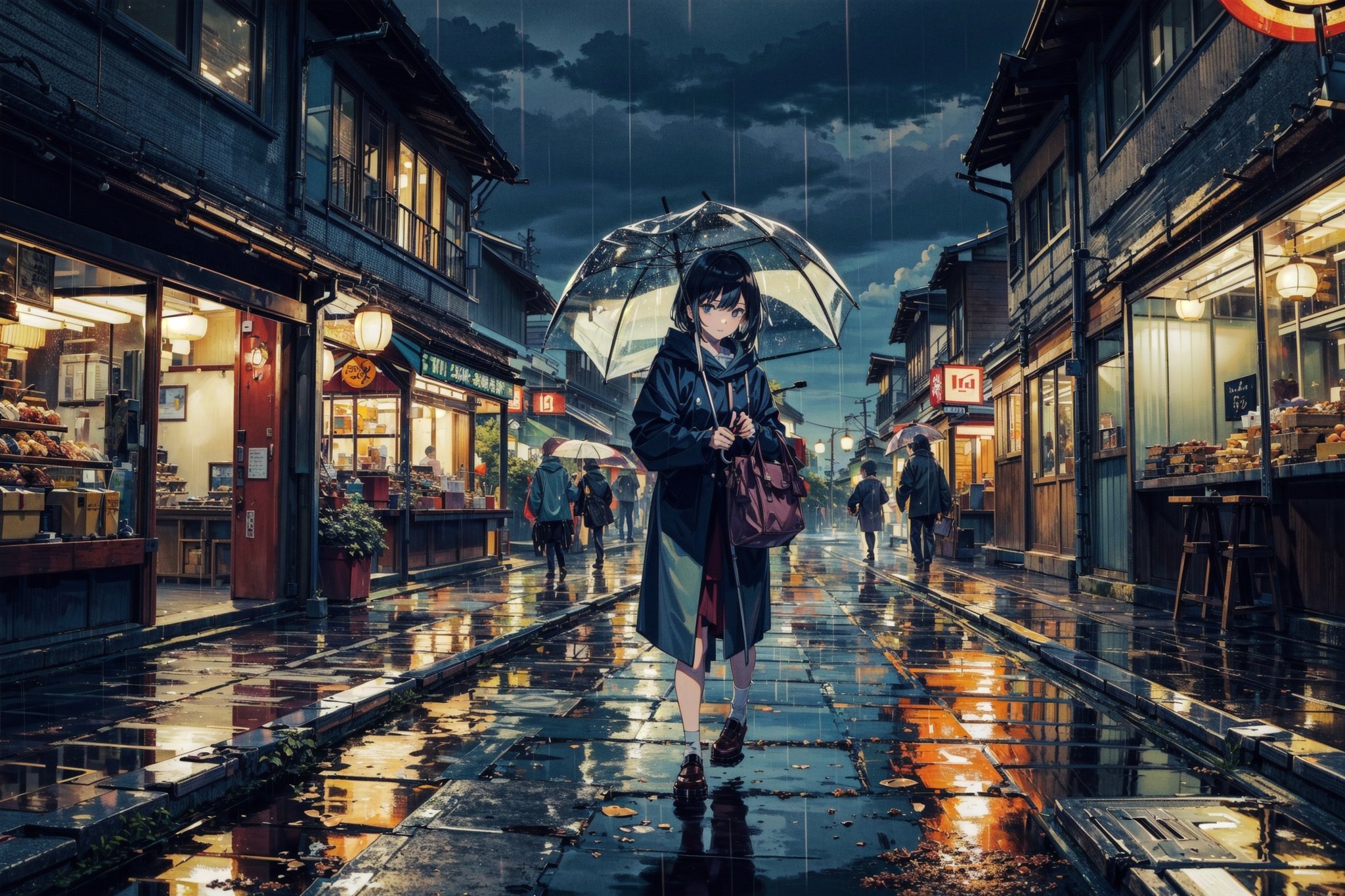 ((masterpiece:1.5)), stunning, hires, (high quality:1.5), (a rainy day in tokyo japan with lot peoples walking around in umbrella), intense outdoor lighting, architecture, high, clear sky, tree, moss, idigital, peaceful, beautiful, cozy