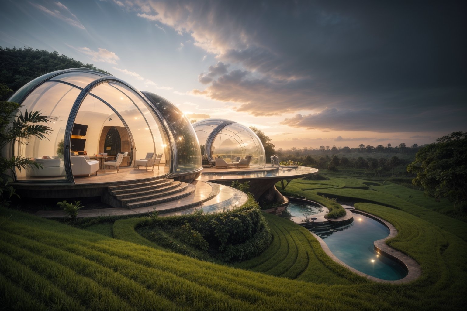 ((masterpiece)), ((highly detailed)), Hyper-realistic, realistic, photo-realistic, a stunning modern futuristic architecture building, in the middle of paddy rice in bali indonesia, bubble/dome inspired shape, villa, house, mansion, by zaha hadid composition, organic, curvilinear, swimming_pool, car, trees, natural space, smooth ceramic porcelain, fully furnished, futuristic furniture, biomorphic style, luxury, scifi, futuristic, soft lighting, natural light, cinematic light, fine lighting, dramatical light, vibrant, (full detailed), (detailed interior), 4K, HDR, massive opening windows, windows reflection, archiviz, granite, marble gloss, wood panel, sunset, clear sky