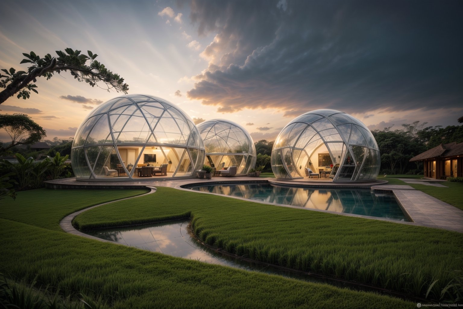 ((masterpiece)), ((highly detailed)), Hyper-realistic, realistic, photo-realistic, a stunning modern futuristic architecture building, in the middle of paddy rice in bali indonesia, bubble/dome inspired shape, villa, house, mansion, by zaha hadid composition, organic, curvilinear, swimming_pool, car, trees, natural space, smooth ceramic porcelain, fully furnished, futuristic furniture, biomorphic style, luxury, scifi, futuristic, soft lighting, natural light, cinematic light, fine lighting, dramatical light, vibrant, (full detailed), (detailed interior), 4K, HDR, massive opening windows, windows reflection, archiviz, granite, marble gloss, wood panel, sunset, clear sky