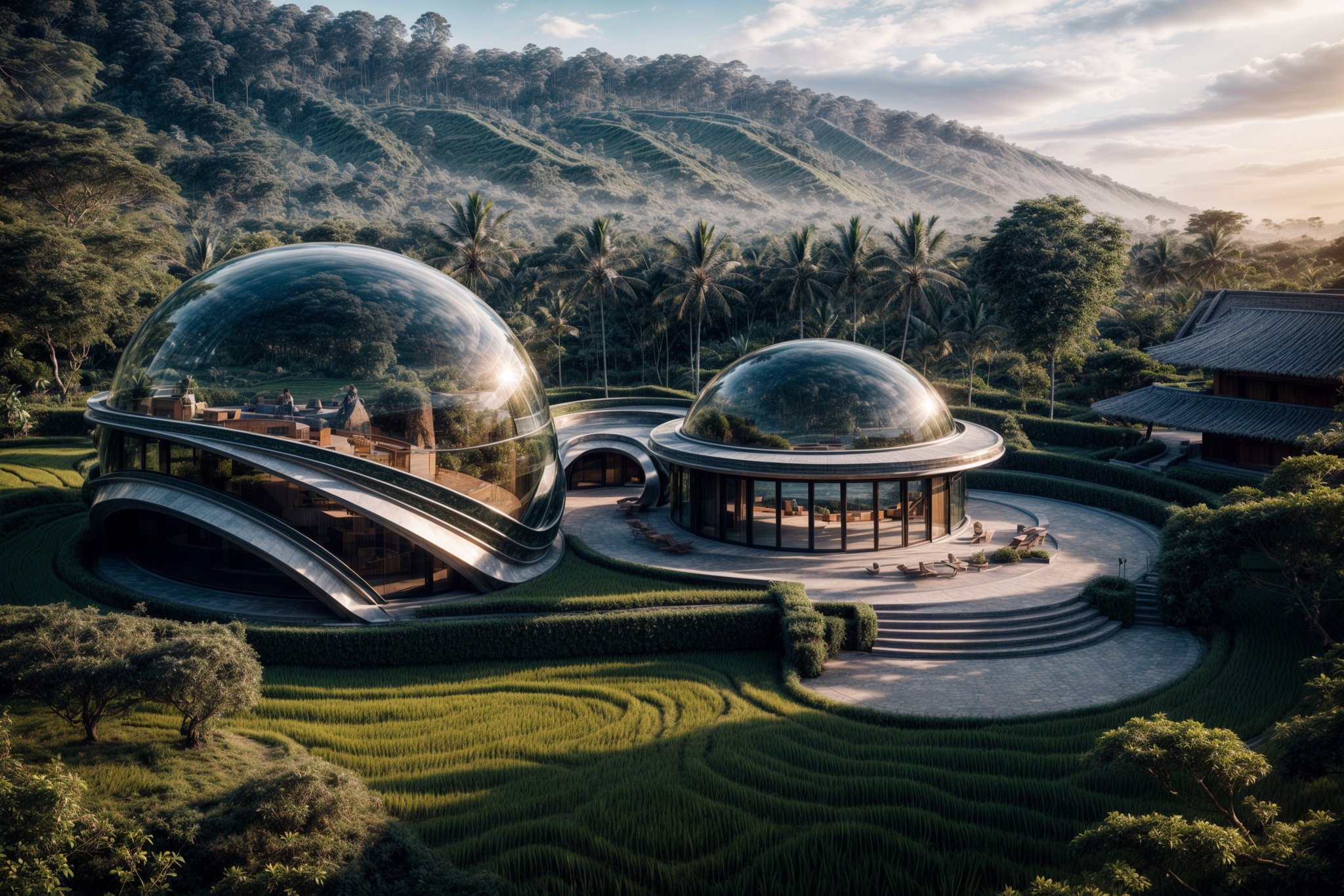 ((masterpiece)), ((highly detailed)), Hyper-realistic, realistic, photo-realistic, a stunning modern futuristic architecture building, in the middle of paddy rice in bali indonesia, bubble/dome inspired shape, villa, house, mansion, by zaha hadid composition, organic, swimming_pool, car, trees, natural space, smooth ceramic porcelain, fully furnished, futuristic furniture, biomorphic style, luxury, scifi, futuristic, soft lighting, natural light, cinematic light, fine lighting, dramatical light, vibrant, (full detailed), (detailed interior), 4K, HDR, massive opening windows, windows reflection, archiviz, granite, marble gloss, wood panel, sunset, clear sky