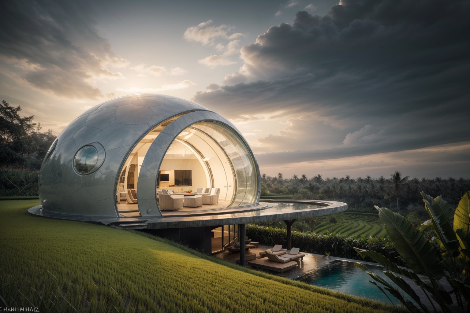 ((masterpiece)), ((highly detailed)), Hyper-realistic, realistic, photo-realistic, a stunning modern futuristic architecture building, in the middle of paddy rice in bali indonesia, bubble/dome inspired shape, villa, house, mansion, by zaha hadid composition, organic, curvilinear, bird view,  swimming_pool, car, trees, natural space, smooth ceramic porcelain, fully furnished, futuristic furniture, biomorphic style, luxury, scifi, futuristic, soft lighting, natural light, cinematic light, fine lighting, dramatical light, vibrant, (full detailed), (detailed interior), 4K, HDR, massive opening windows, windows reflection, archiviz, granite, marble gloss, wood panel, sunset, clear sky