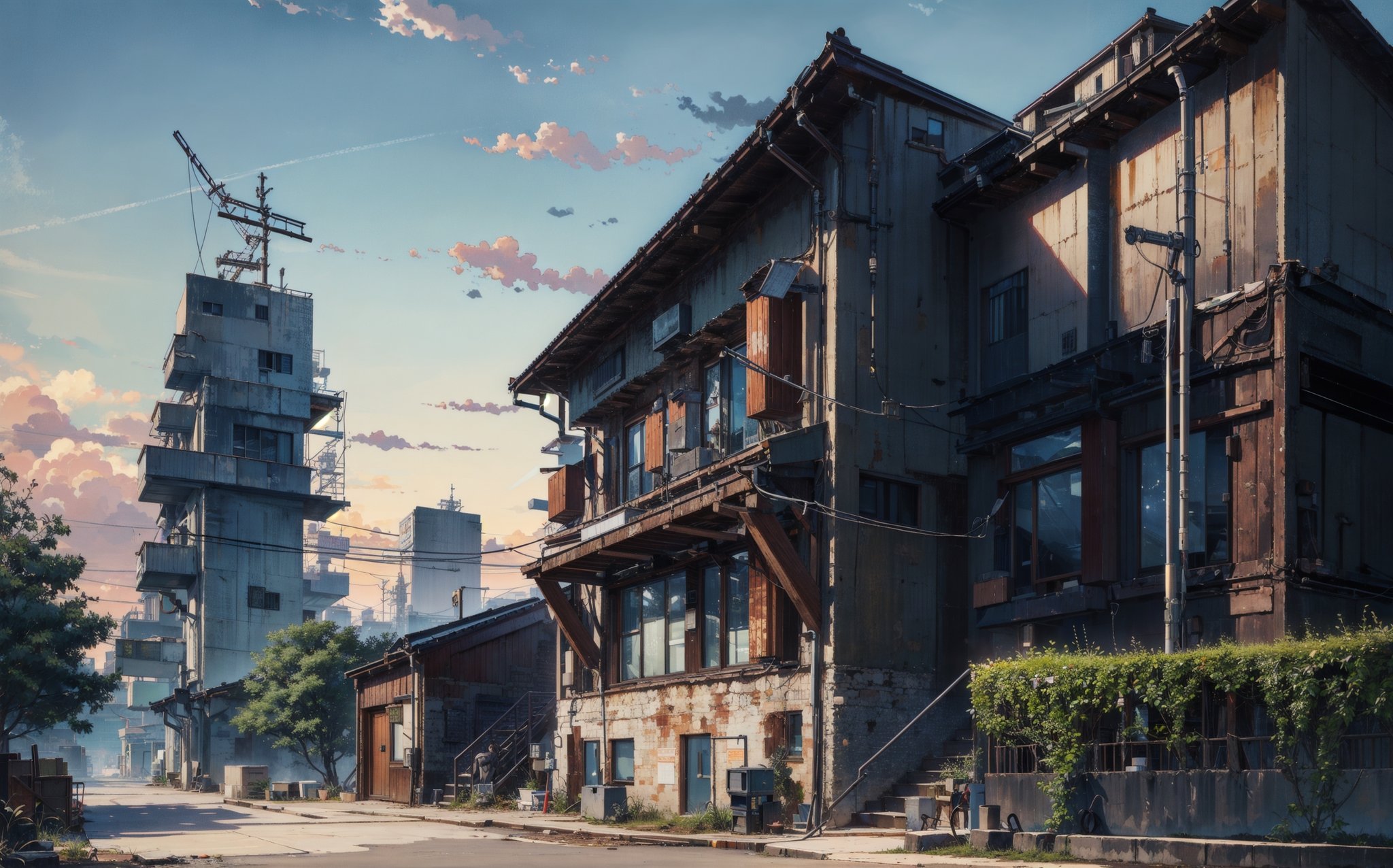 (masterpiece), stunning, hires, (high quality:1.3), hyper-realistic, a steampunk style industrial building, post-apocalypse, intense outdoor lighting, architecture, high, clear sky, tree, moss, idigital, peaceful, beautiful, cozy, 