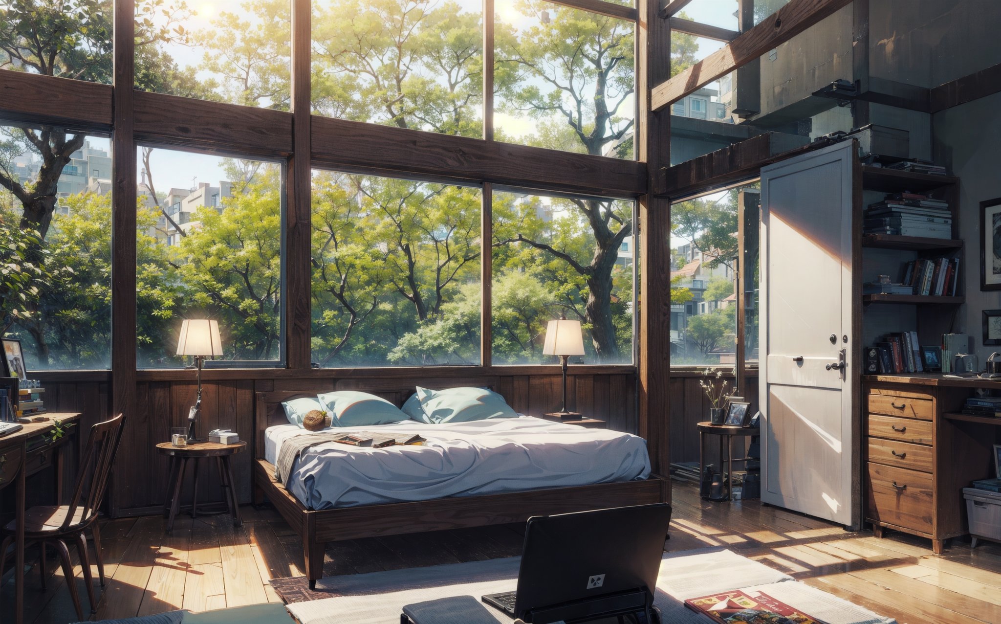 bedroom, intense outdoor sunlight, desk, architecture, modernism, hyper-realistic design, trees, chair, table, bed, pillow, pictures, colorful, idigital, illustration, peaceful, beautiful, cozy