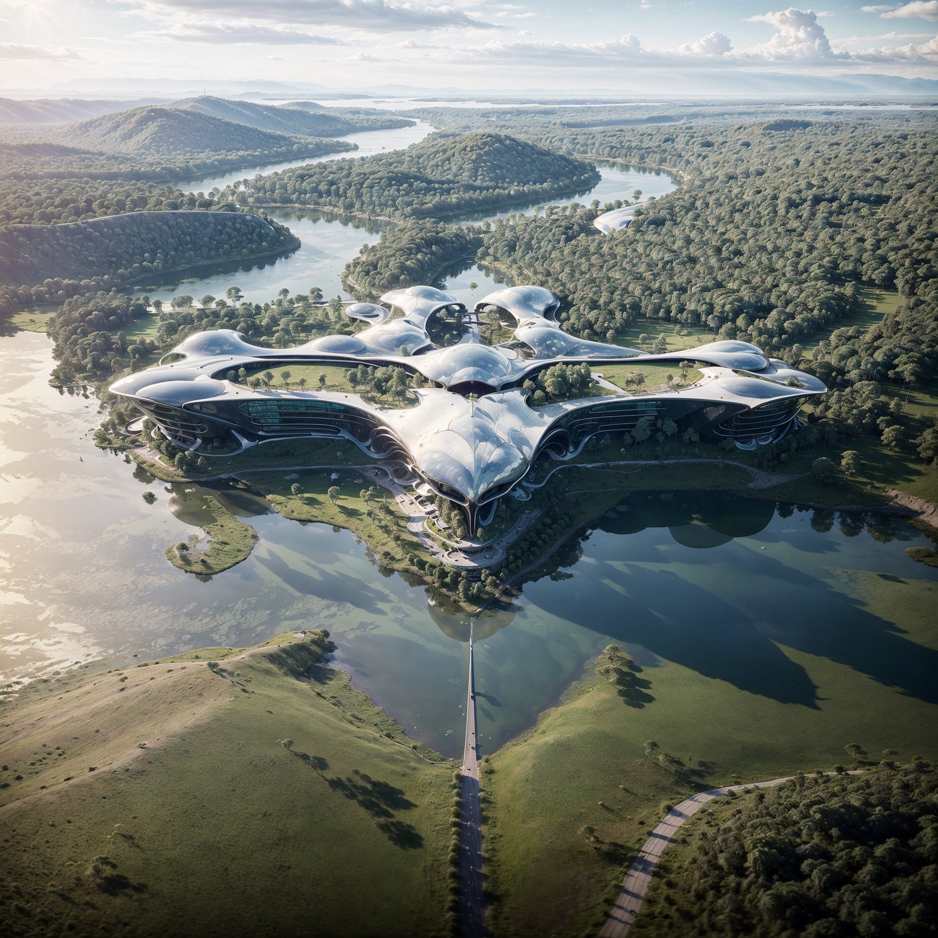 ((masterpiece:1.5)), ((high Quality:1.5)), hyper-realistic, photo realistic, realistic, (stunning futuristic architectural), (masterplan view), inspired by garuda bird, indonesia, kalimantan, forest, mockup, sharp shape building, by zaha hadid composition, curvilinear shape, trees, soft light, cinematic light, dramatical lighting, HDR, detailed model, scifi style, clear background, depth of field, bokeh, windows reflection, (8K), ((detailed lighting)), unreal engine, archiviz, white gloss, lake, clear sky, water in foreground,foreground,bird 's-eye view,fantastic atmosphere