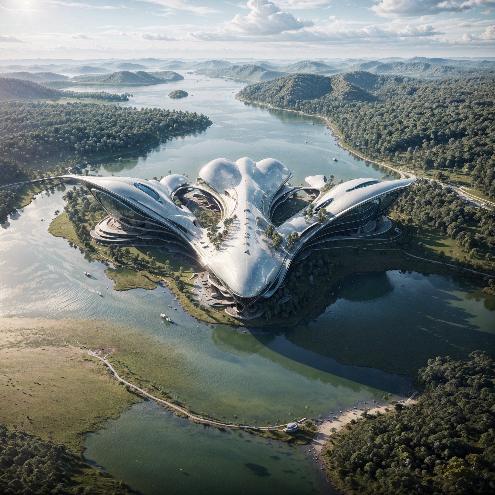 ((masterpiece:1.5)), ((high Quality:1.5)), hyper-realistic, photo realistic, realistic, (stunning futuristic architectural), (masterplan view), inspired by garuda bird, indonesia, kalimantan, forest, mockup, sharp shape building, by zaha hadid composition, curvilinear shape, trees, soft light, cinematic light, dramatical lighting, HDR, detailed model, scifi style, clear background, depth of field, bokeh, windows reflection, (8K), ((detailed lighting)), unreal engine, archiviz, white gloss, lake, clear sky, water in foreground,foreground,bird 's-eye view,fantastic atmosphere