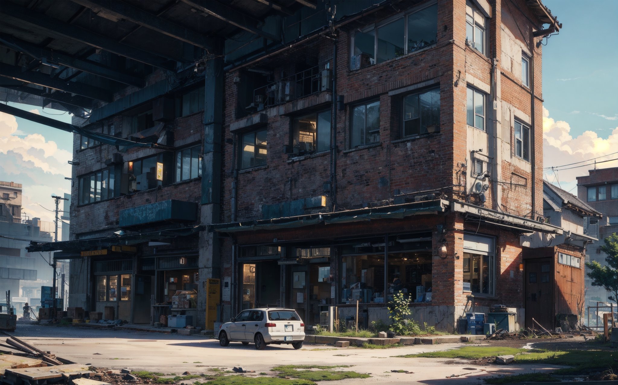 (masterpiece), stunning, hires, (high quality:1.3), hyper-realistic, a steampunk style industrial building, post-apocalypse, intense outdoor lighting, architecture, high, clear sky, tree, moss, idigital, peaceful, beautiful, cozy, 