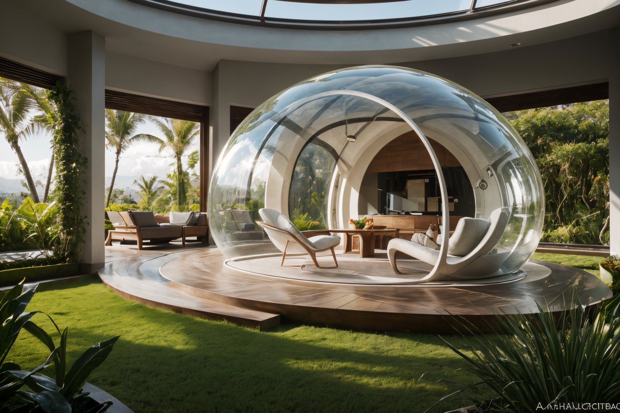 ((masterpiece)), ((highly detailed)), Hyper-realistic, realistic, photo-realistic, a stunning modern futuristic architecture building, in the middle of paddy rice in bali indonesia, bubble/dome inspired shape, villa, house, mansion, by zaha hadid composition, organic, swimming_pool, car, trees, natural space, smooth ceramic porcelain, fully furnished, futuristic furniture, biomorphic style, luxury, scifi, futuristic, soft lighting, natural light, cinematic light, fine lighting, dramatical light, vibrant, (full detailed), (detailed interior), 4K, HDR, massive opening windows, windows reflection, archiviz, granite, marble gloss, wood panel, sunset, clear sky