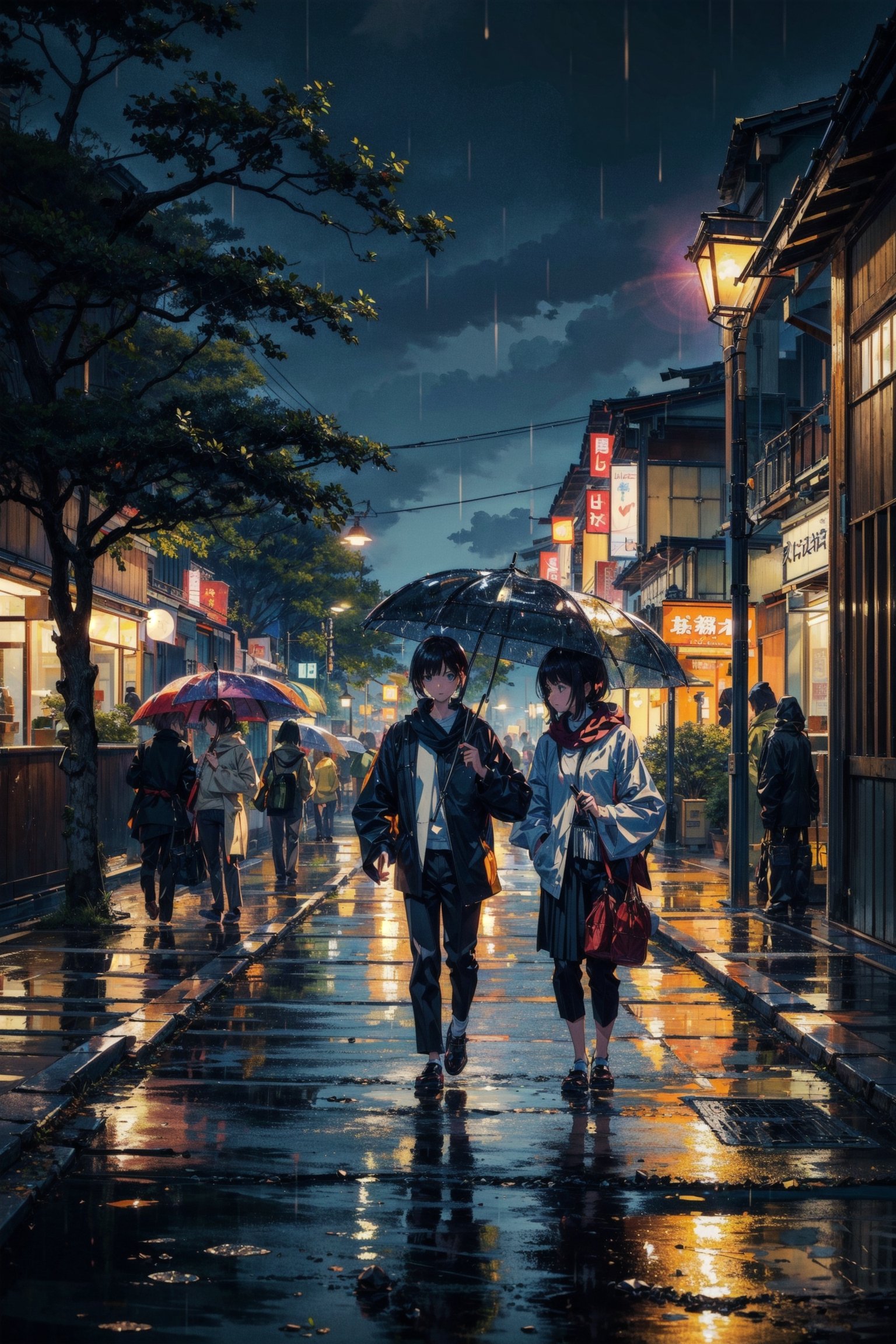 ((masterpiece:1.5)), stunning, hires, (high quality:1.5), (a rainy day in tokyo japan with lot peoples walking around in umbrella), intense outdoor lighting, architecture, high, clear sky, tree, moss, idigital, peaceful, beautiful, cozy,High detailed 