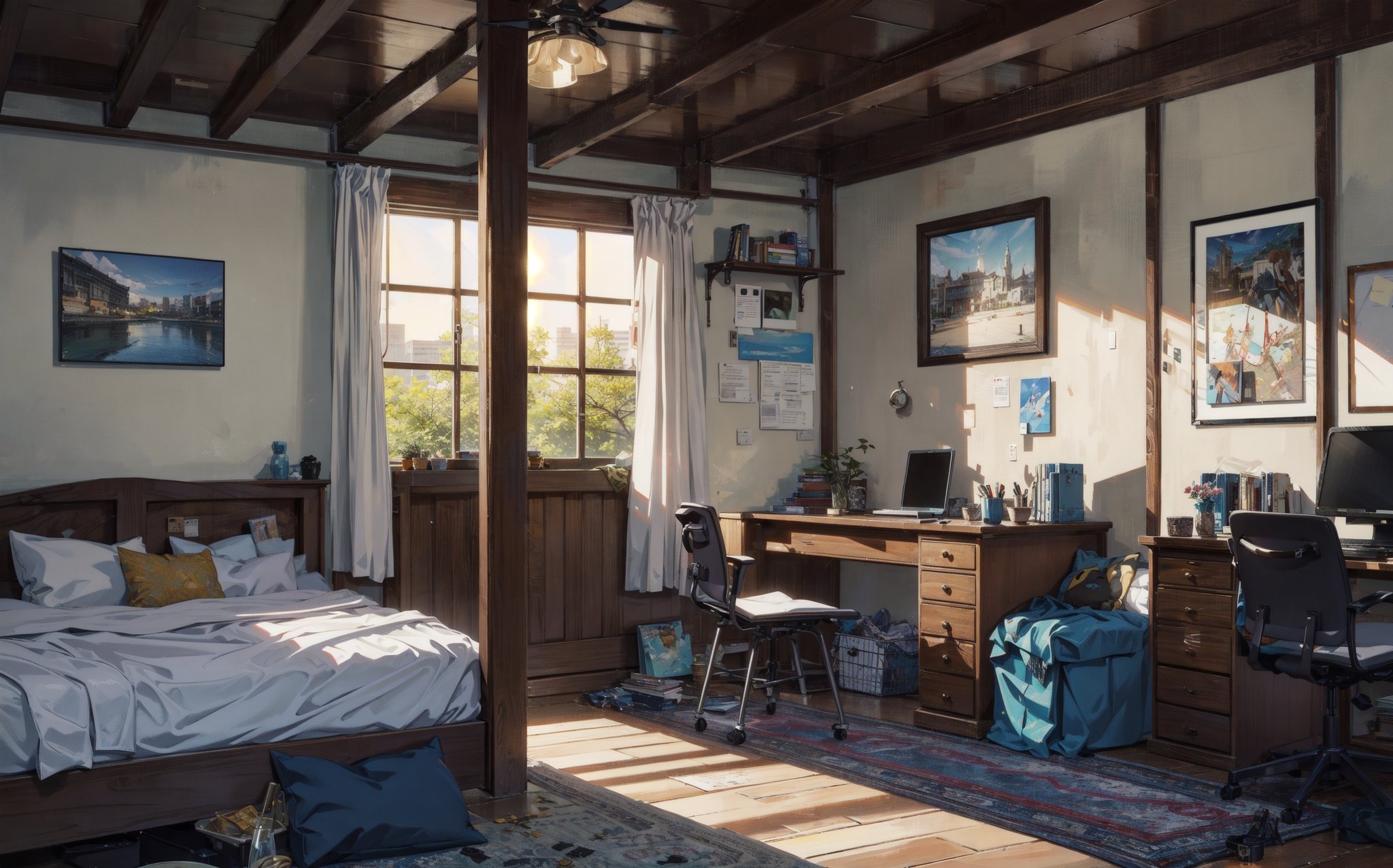 bedroom, intense outdoor sunlight, desk, architecture, modernism, hyper-realistic design, trees, chair, table, bed, pillow, pictures, messy bed cover, colorful, idigital, illustration, peaceful, beautiful, cozy