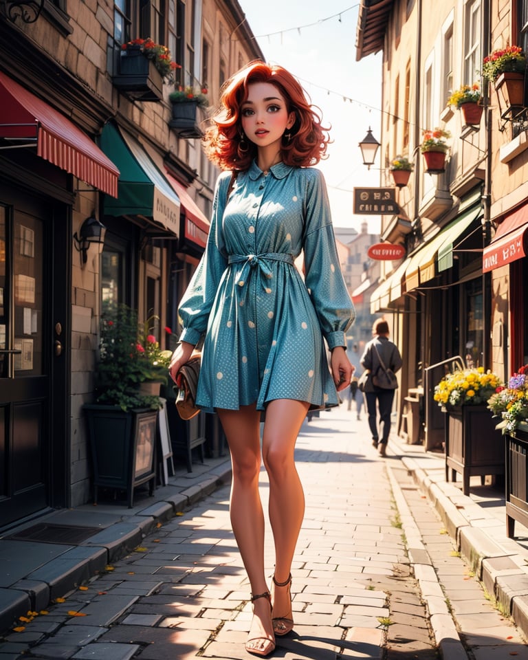 A beautiful woman, curly red hair, green eyes, wearing a vintage polka dot dress, full body, feet, 4k, best quality, masterpiece, standing on a cobblestone street in a charming old town, with colorful buildings and hanging flower baskets.