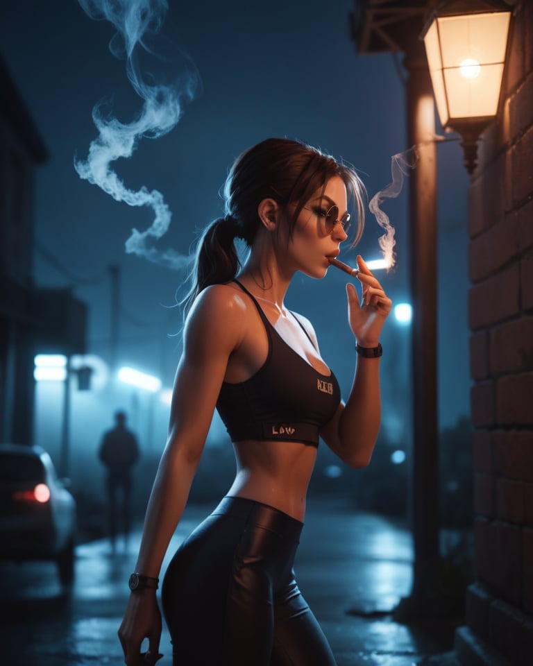 score_9, score_8_up, score_7_up, score_6_up, 1girl, solo, Lara Croft, cigar in mouth, smoke, volumetric lighting, backlit, round sunglasses, d4rkv1b3, dark, night, 5 fingers