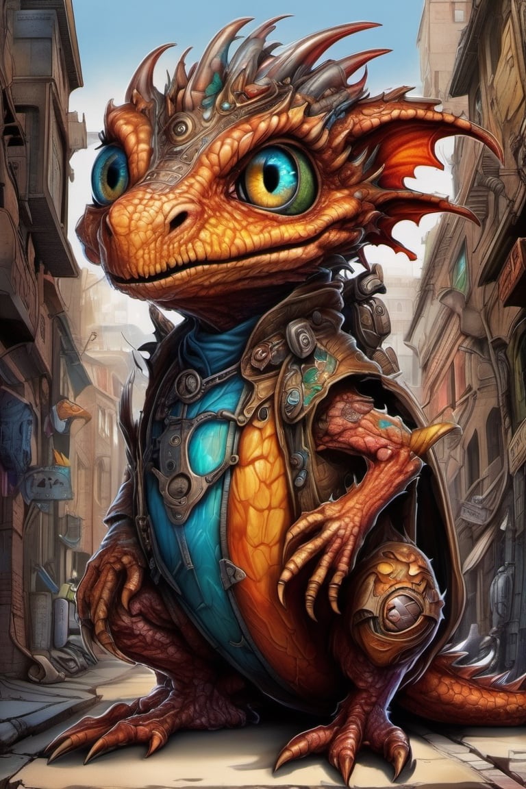 Cute plump little fuzzy dragon-like creature futuristic steampunk style alien peeks out from the alley of a busy City Street in a futuristic hidden kingdom in the background. Kind eyes, funny smirk, Tim Burton, Jason Middlebrook, Artur Bordalo, Toshie Kawamura, Brian Froud, symmetry, divine ratio, complex, intricate colored pencil and ink illustration, thin lines, vivid colors, sharp focus, detailed features, crisp | insanely detailed faces, style of Nan Goldin+style of Dark Crystal+style of Gottfried Helnwein+style of Alex Cox+style of Annie Liebowitz, ultra-detailed, concept art, light leaks, Tenebrism,  trending on artstation, sharp focus, intricate details, highly detailed. By aruffo3,steampunk style,Leonardo Style,vector art illustration