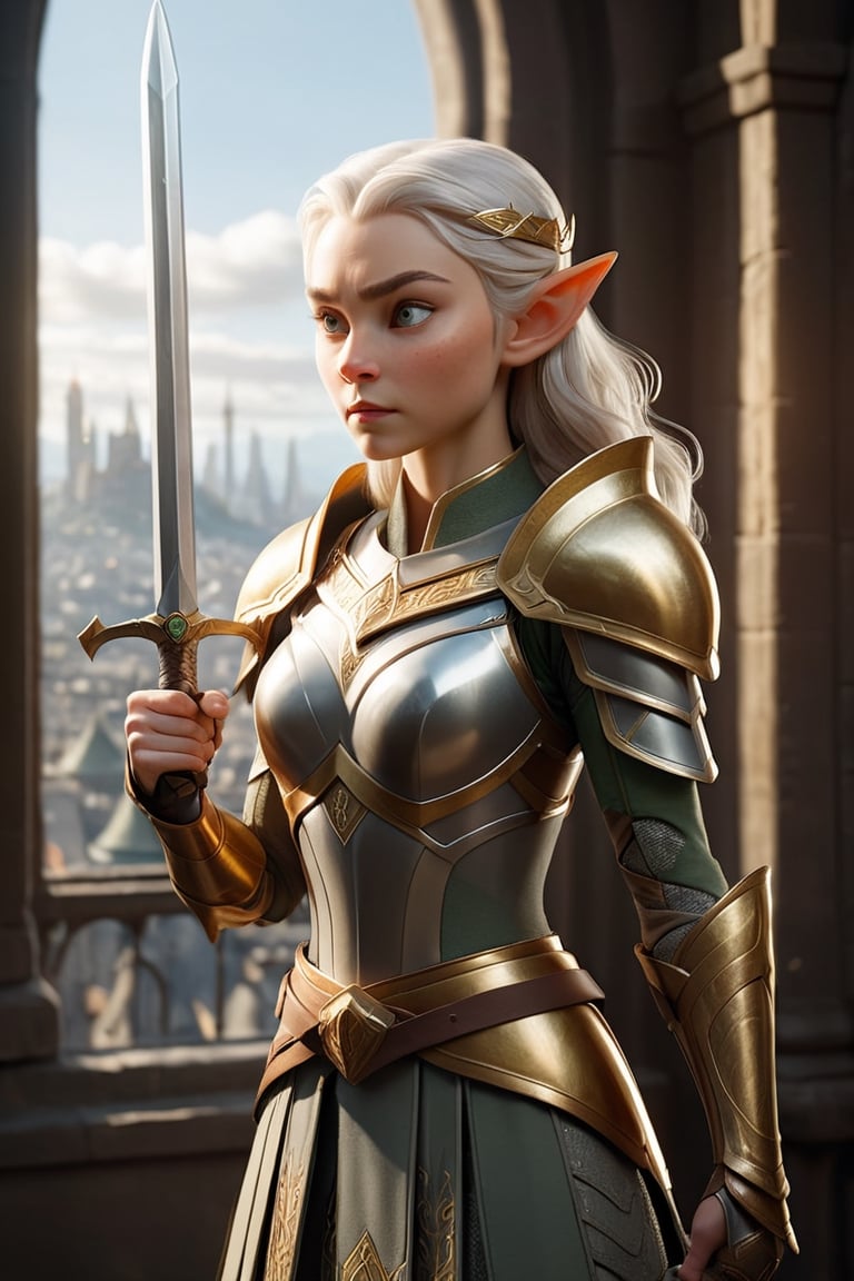 The elven princess stands in front of an open window, overlooking the bustling city below. It's midday, and the warm sunlight streams into the room, casting a golden glow on everything. She stands tall and straight, her body poised for battle. Perfect almond shaped eyes, her left hand holds a gleaming silver sword, while her right hand adjusts a piece of her armor. The armor is made of interlocking silver plates, with intricate designs etched into each piece. As she prepares for battle, she seems completely focused on the task at hand, ready to defend her city at all costs. by aruffo3,Movie Still,photo r3al,Leonardo Style,Potrait of a girl ,Film Still
