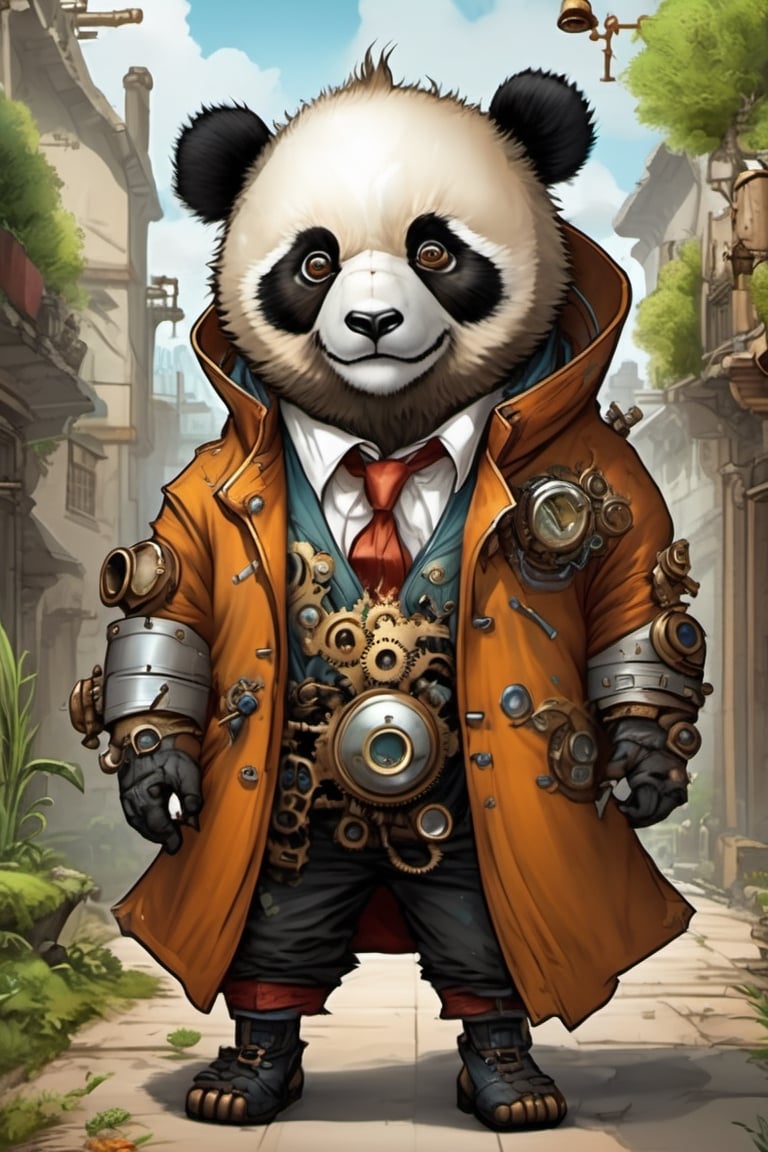 Cute, plump, little, furry, futuristic panda-like creature. steampunk style. wearing a purple leather trench coat peeks out from the alley of a busy City Street in a futuristic hidden kingdom in the background. Kind eyes, funny smirk, Tim Burton, Jason Middlebrook, Artur Bordalo, Toshie Kawamura, Brian Froud, symmetry, divine ratio, complex, chiaroscuro, luminism,  intricate colored pencil and ink illustration, thin lines, vivid colors, sharp focus, detailed features, crisp insanely detailed faces, ultra-detailed, concept art, trending on artstation, sharp focus, intricate details, highly detailed. By aruffo3, steampunk style,steampunk,Leonardo Style,vector art illustration